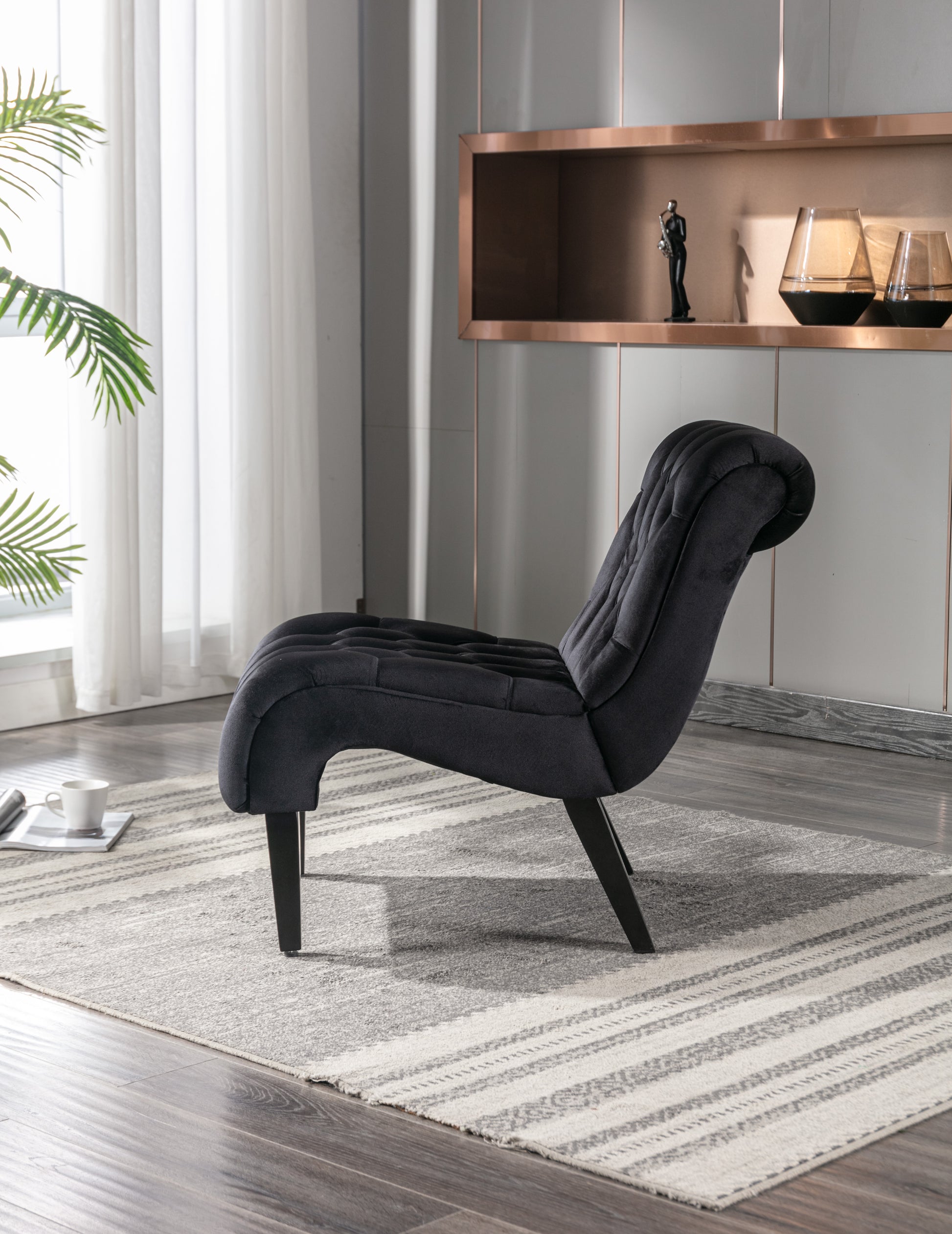 Coolmore Modern Velvet Armless Accent Living Room Chair Leisure Chair,Upholstered Fabric Button Comfortable Chair With Wooden Legs For Bedroom, Living Room, Office Black Velvet Black Foam Velvet