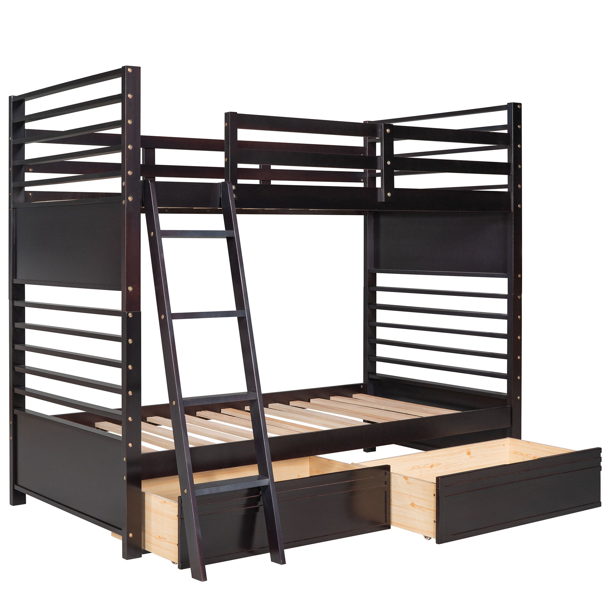 Twin Over Twin Wood Bunk Bed With Two Drawers Espresso Espresso Solid Wood