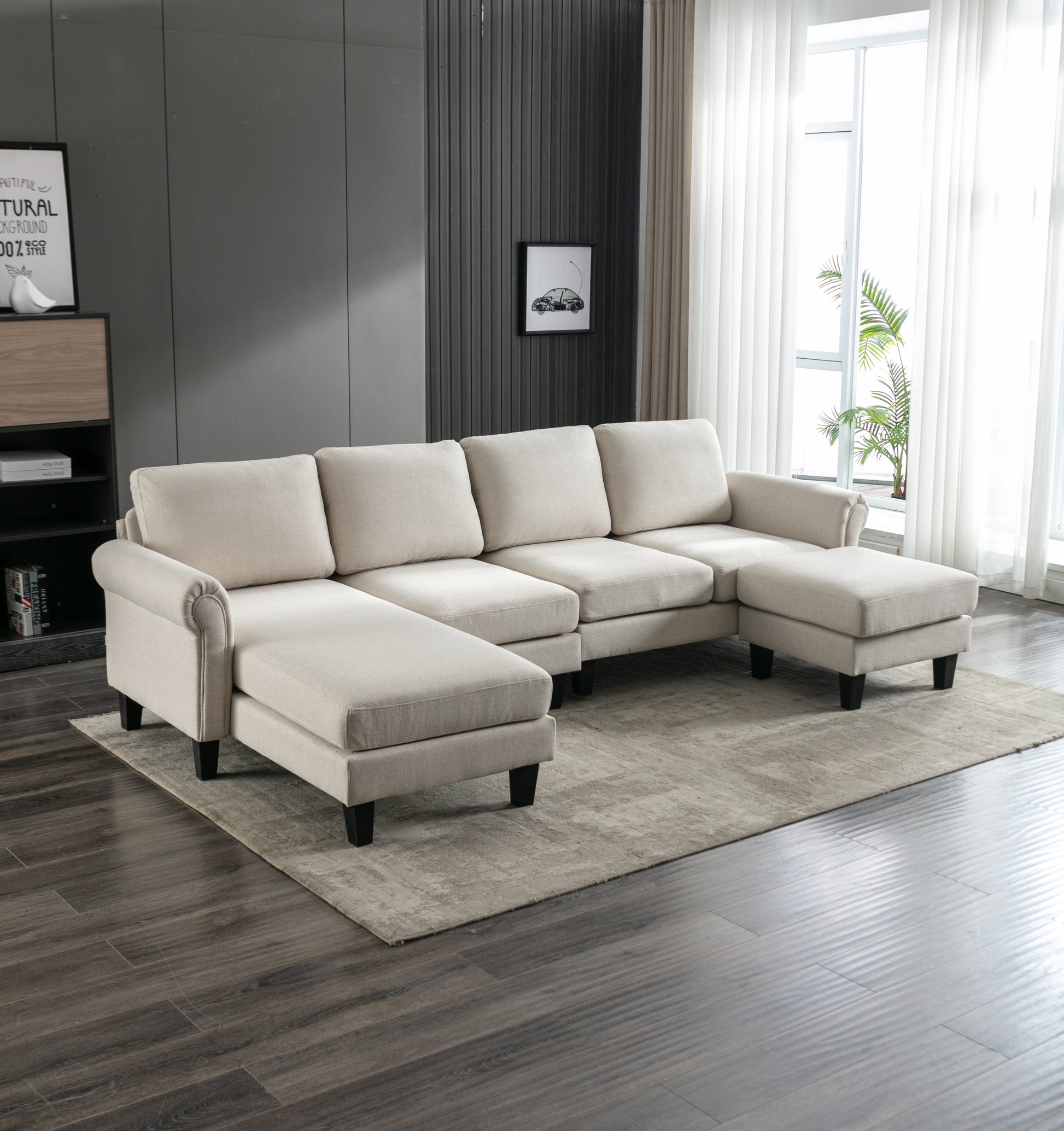 Coolmore Accent Sofa Living Room Sofa Sectional Sofa, U Shape Sectional Sofa With Ottoman, Reversible Sofa Couch For Living Room Beige Linen Beige Foam Linen 4 Seat