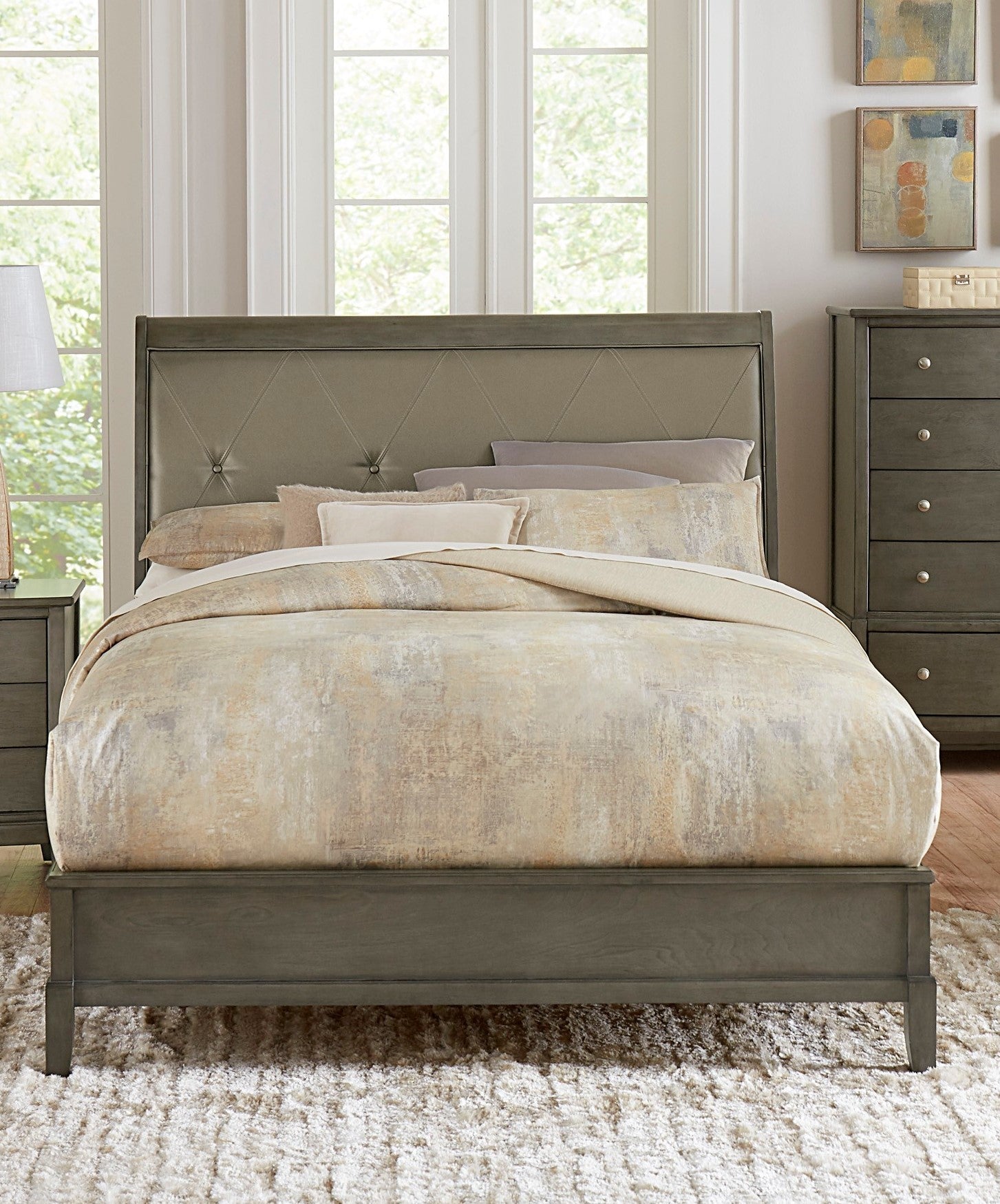 Transitional Style Gray Finish 1Pc Queen Size Sleigh Bed Button Tufted Faux Leather Upholstered Headboard Bedframe Queen Gray Bedroom Transitional Sleigh Wood