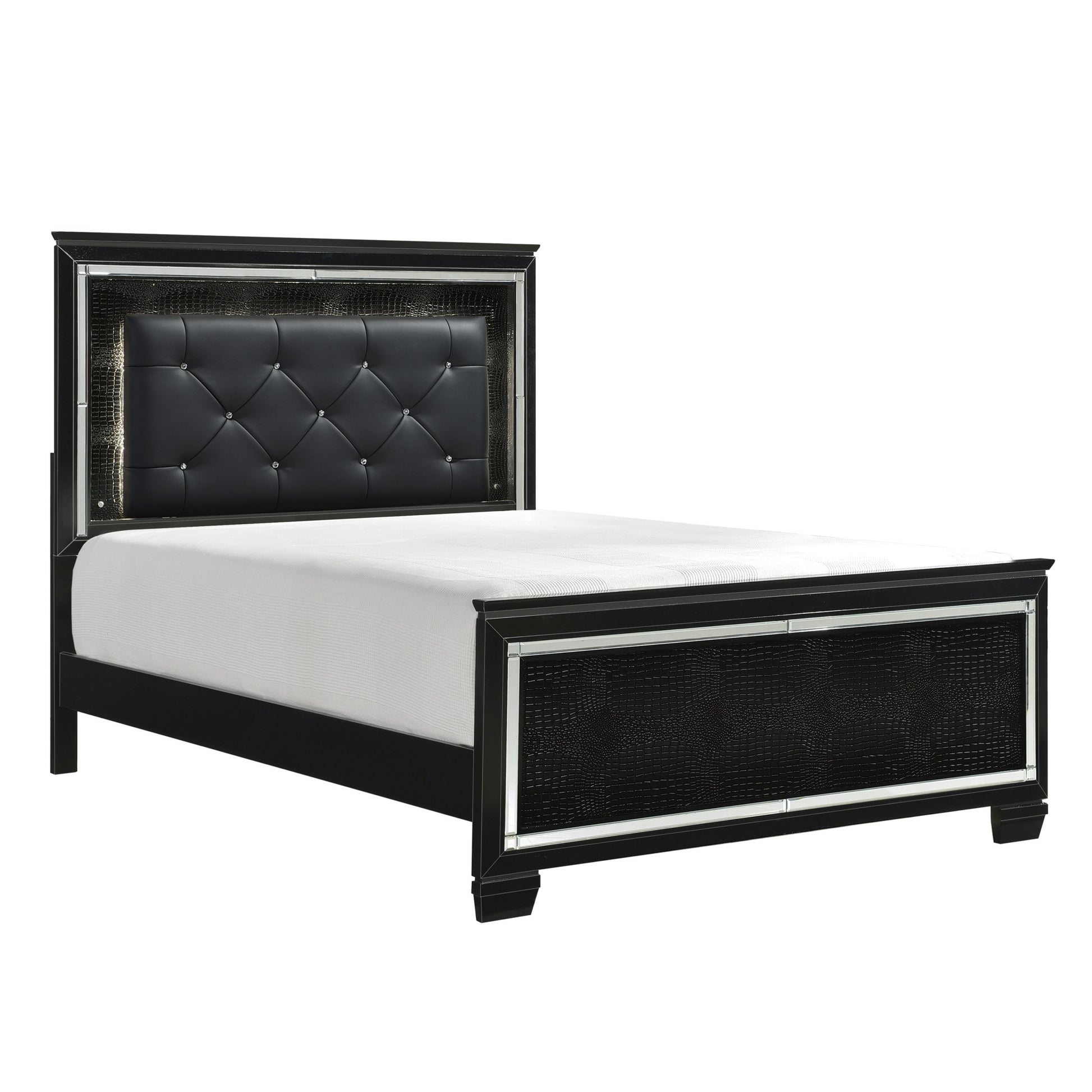 Black Finish Upholstered Button Tufted 1Pc Queen Size Bed Led Headboard Faux Alligator Embossed Textural Panels Wooden Bed Queen Black Bedroom Glam,Modern Wood