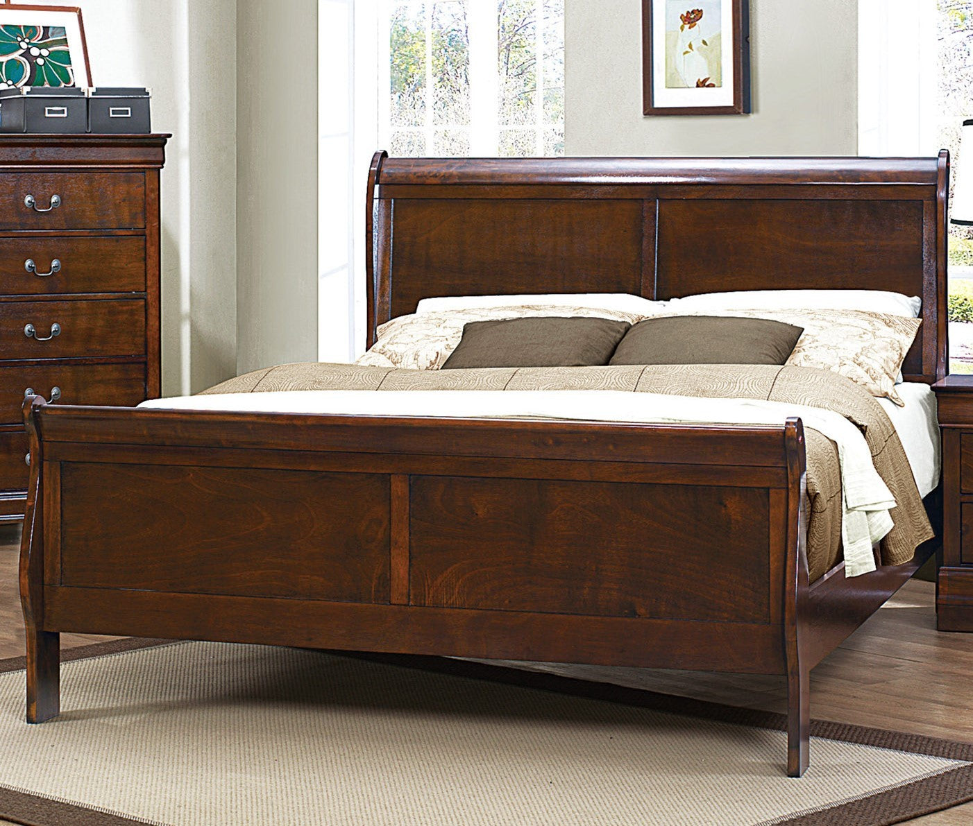 Brown Cherry Finish Louis Philippe Style 1Pc Queen Size Sleigh Bed Traditional Design Queen Brown Mix Bedroom Traditional Wood