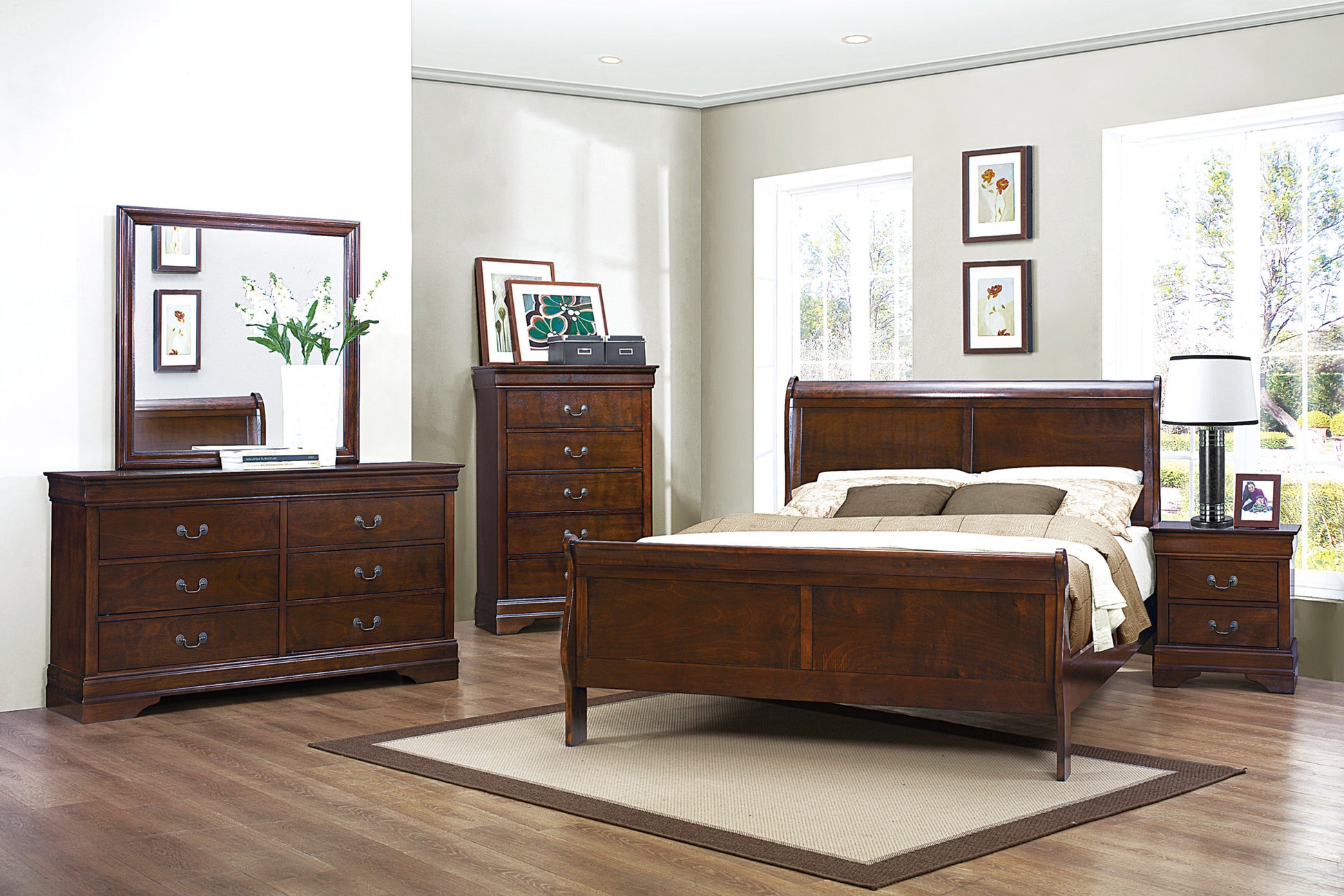 Brown Cherry Finish Louis Philippe Style 1Pc Queen Size Sleigh Bed Traditional Design Queen Brown Mix Bedroom Traditional Wood