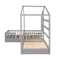 Wood House Bed Twin Size, 2 Twin Solid Bed L Structure With Fence And Slatted Frame Gray Gray Solid Wood