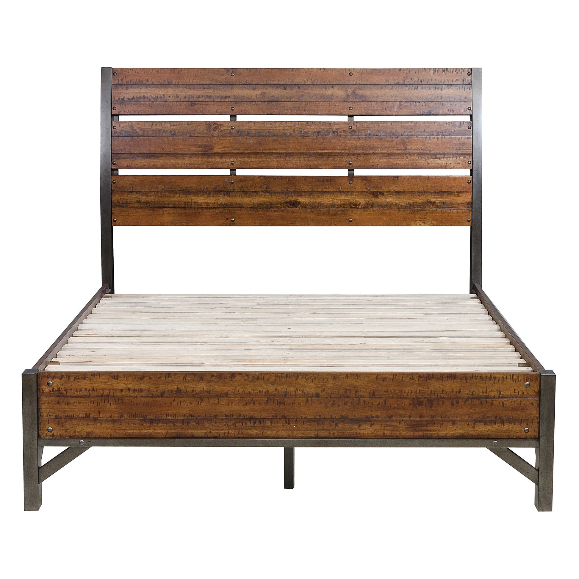 Rustic Brown And Gunmetal Finish 1Pc California King Size Platform Bed Industrial Design Horizontal Slats Bedroom Furniture California King Rustic Brown Wood Bedroom Industrial,Rustic Wood