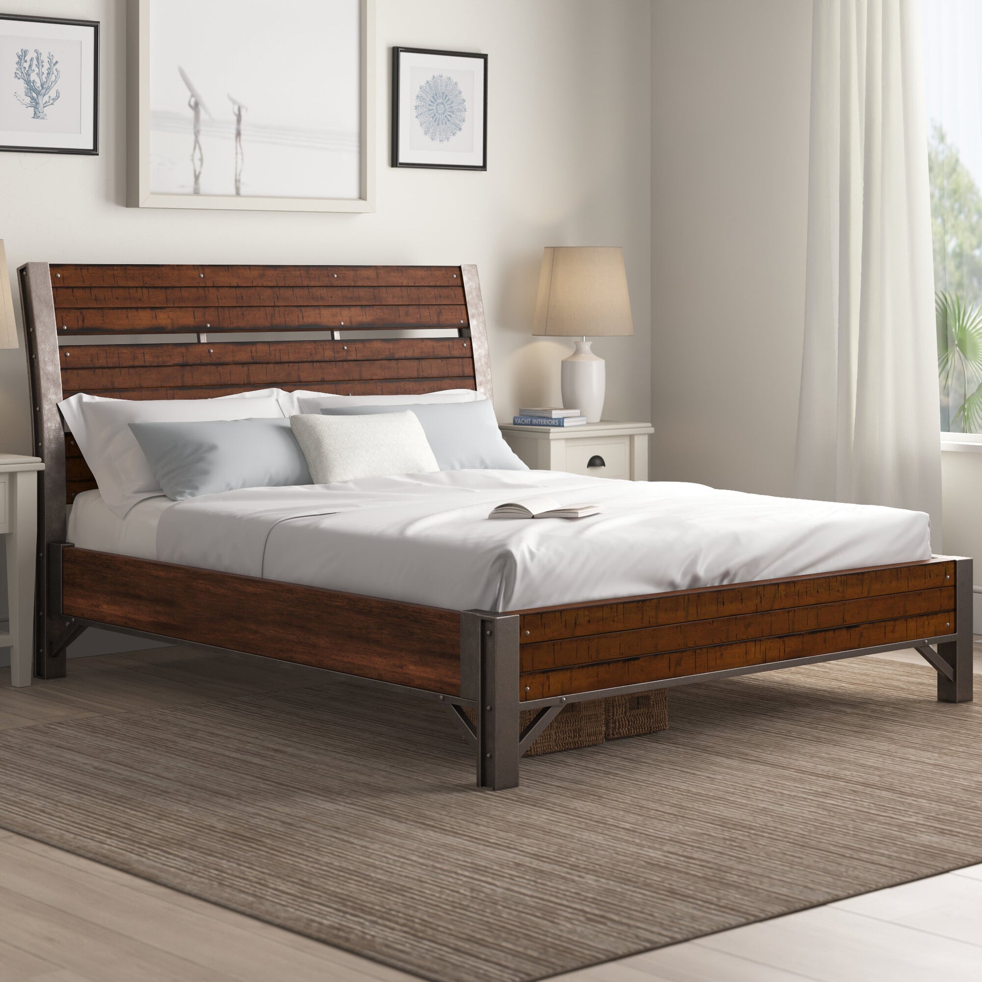 Rustic Brown And Gunmetal Finish 1Pc Queen Size Platform Bed Industrial Design Horizontal Slats Bedroom Furniture Queen Rustic Brown Wood Bedroom Industrial,Rustic Wood