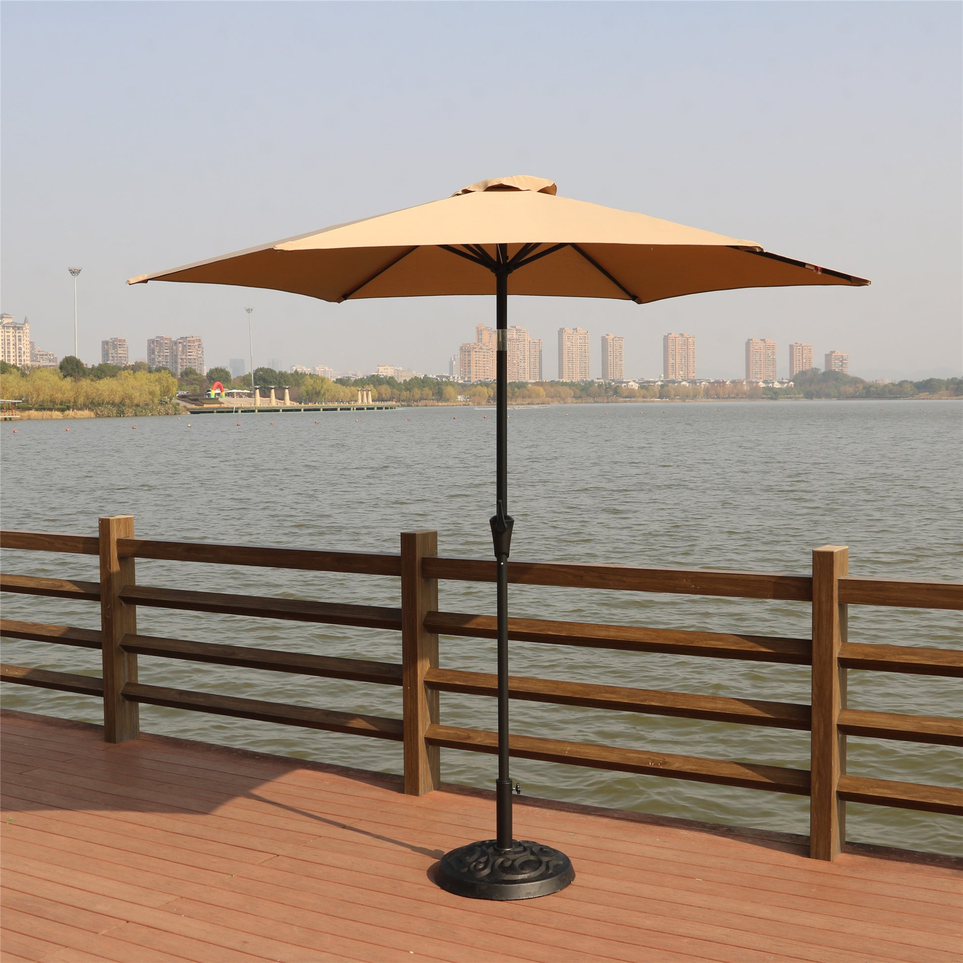 8.8 Feet Outdoor Aluminum Patio Umbrella, Patio Umbrella, Market Umbrella With 33 Pounds Round Resin Umbrella Base, Push Button Tilt And Crank Lift, Taupe Taupe Polyester Aluminum