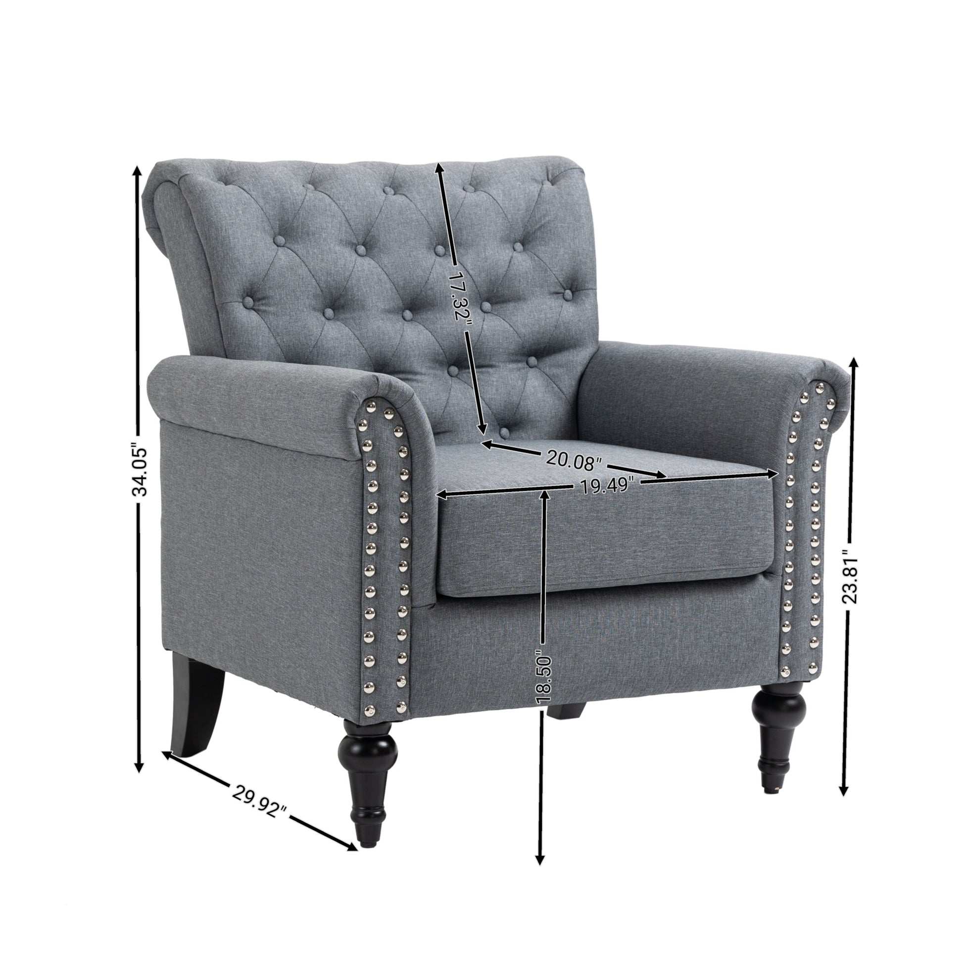 Mid Century Modern Accent Chair, Linen Armchair W Tufted Back Wood Legs, Upholstered Lounge Arm Chair Single Sofa For Living Room Bedroom, Gray Gray Foam Linen