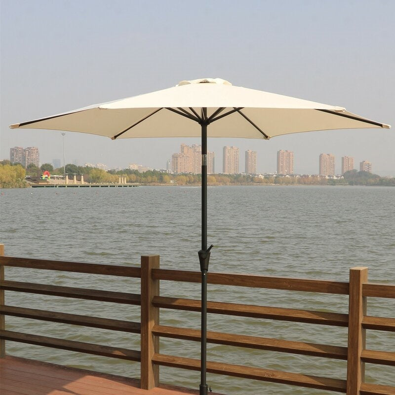 8.8 Feet Outdoor Aluminum Patio Umbrella, Patio Umbrella, Market Umbrella With 42 Pounds Round Resin Umbrella Base, Push Button Tilt And Crank Lift, Creme Cream Polyester Aluminum