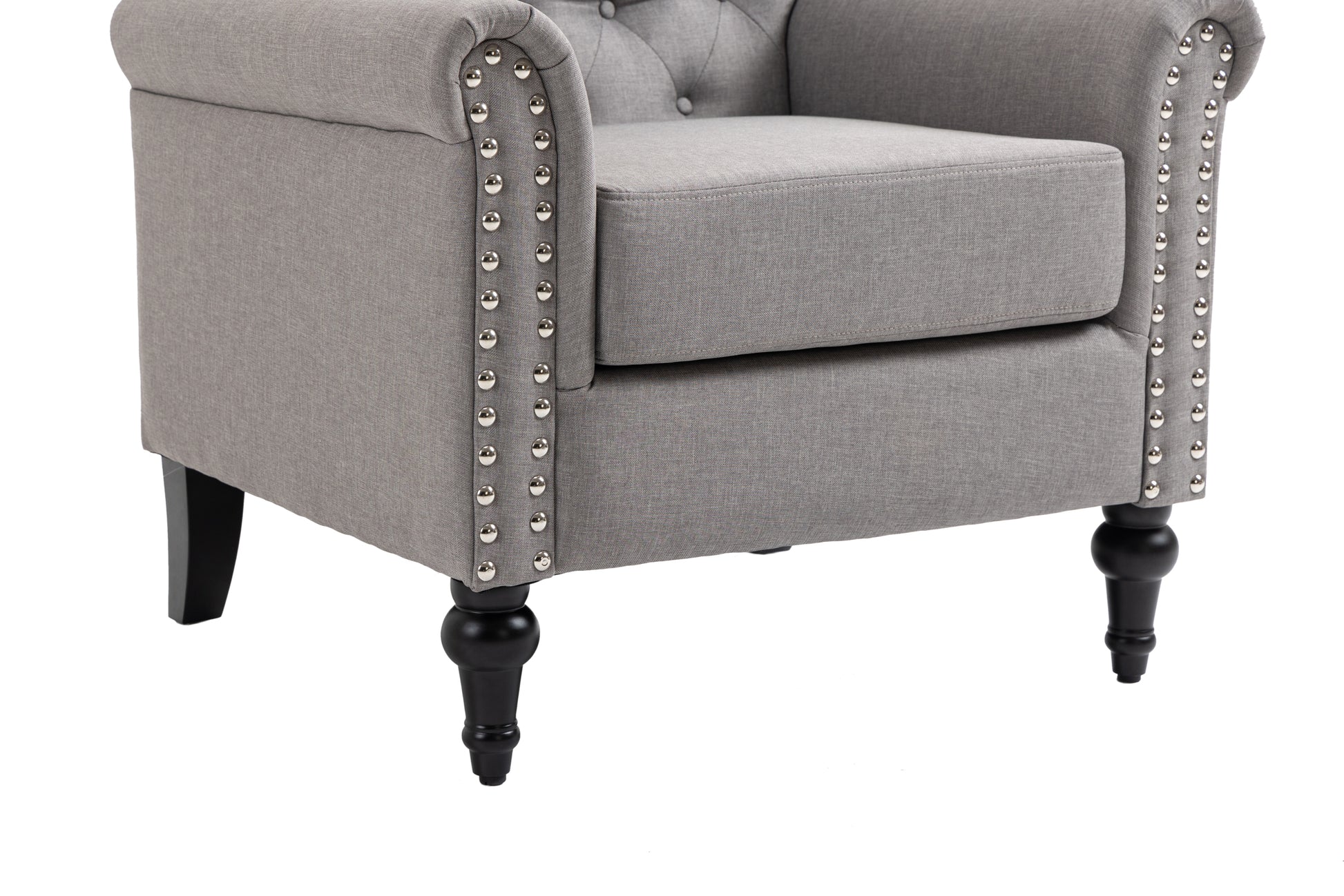 Mid Century Modern Accent Chair, Linen Armchair W Tufted Back Wood Legs, Upholstered Lounge Arm Chair Single Sofa For Living Room Bedroom, Light Grey Light Gray Foam Linen