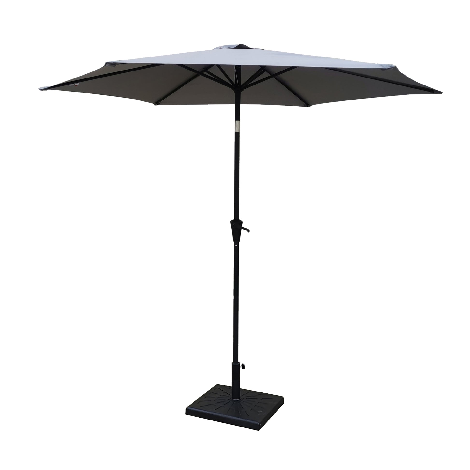 8.8 Feet Outdoor Aluminum Patio Umbrella, Patio Umbrella, Market Umbrella With 42 Pound Square Resin Umbrella Base, Push Button Tilt And Crank Lift, Gray Gray Polyester Aluminum