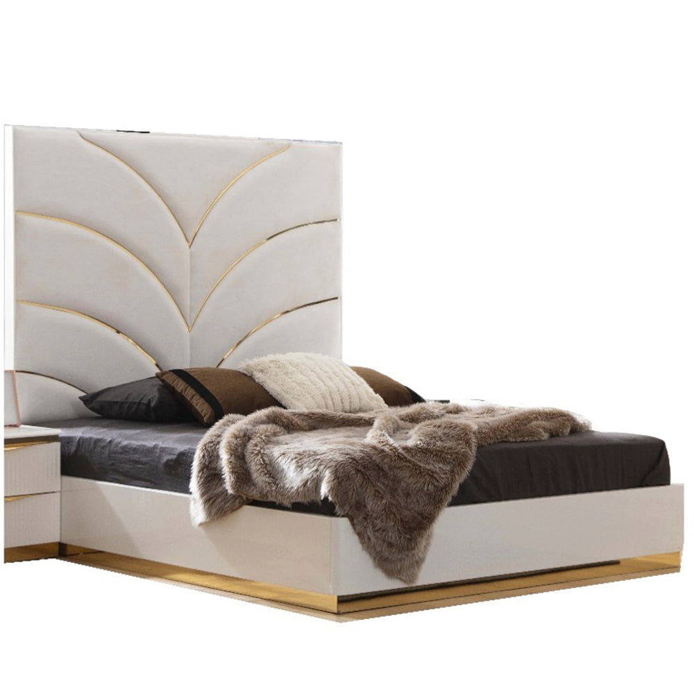 Laura Gold Detailed Upholstery King 6 Pc Made With Wood In White Box Spring Not Required King White Wood 6 Piece Set Bedroom Bed Included,Chest Included,Dresser Included,Mirror Included,Nightstand Included Contemporary,Modern Solid Wood Mdf Tufted Wood