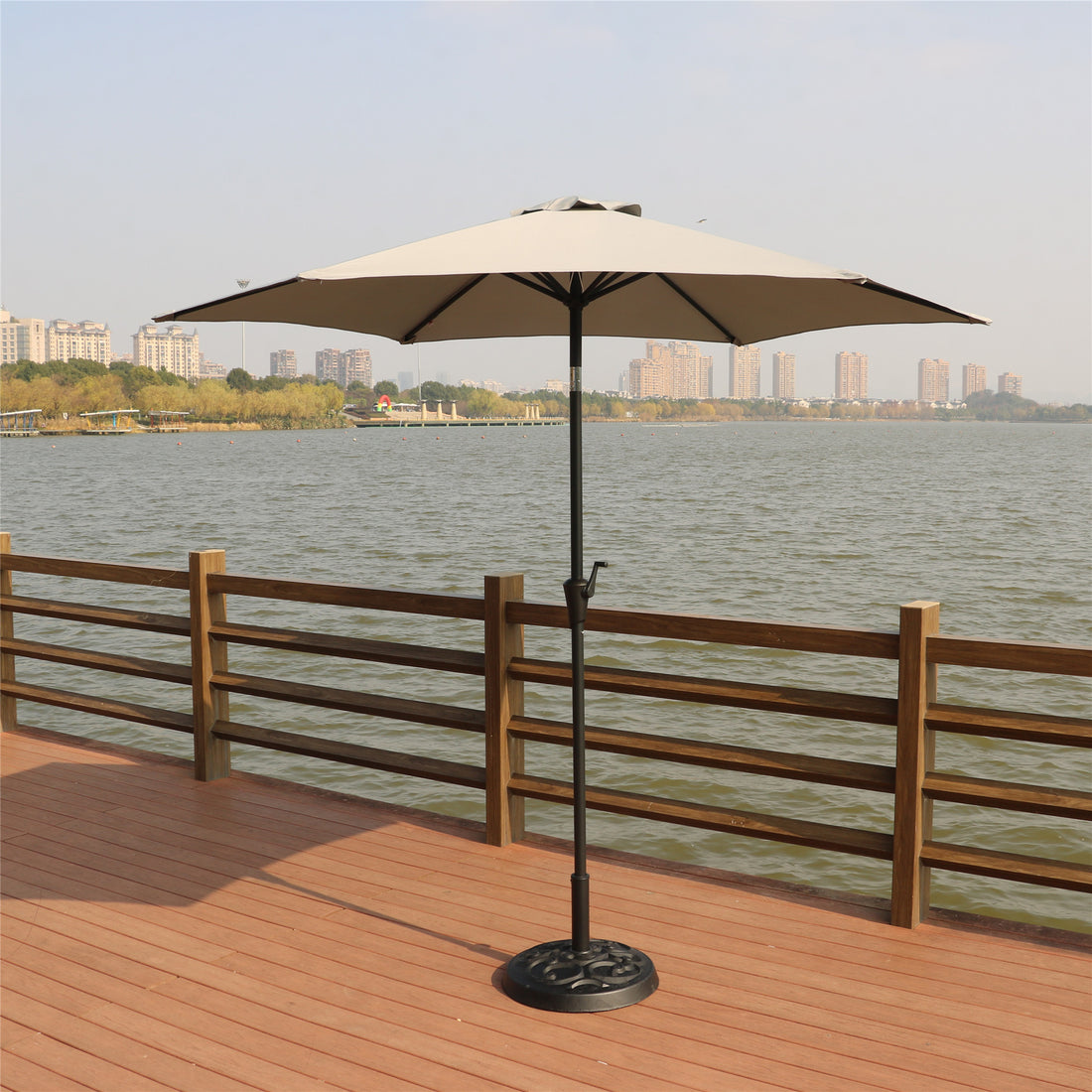 8.8 Feet Outdoor Aluminum Patio Umbrella, Patio Umbrella, Market Umbrella With 33 Pounds Round Resin Umbrella Base, Push Button Tilt And Crank Lift, Gray Gray Polyester Aluminum