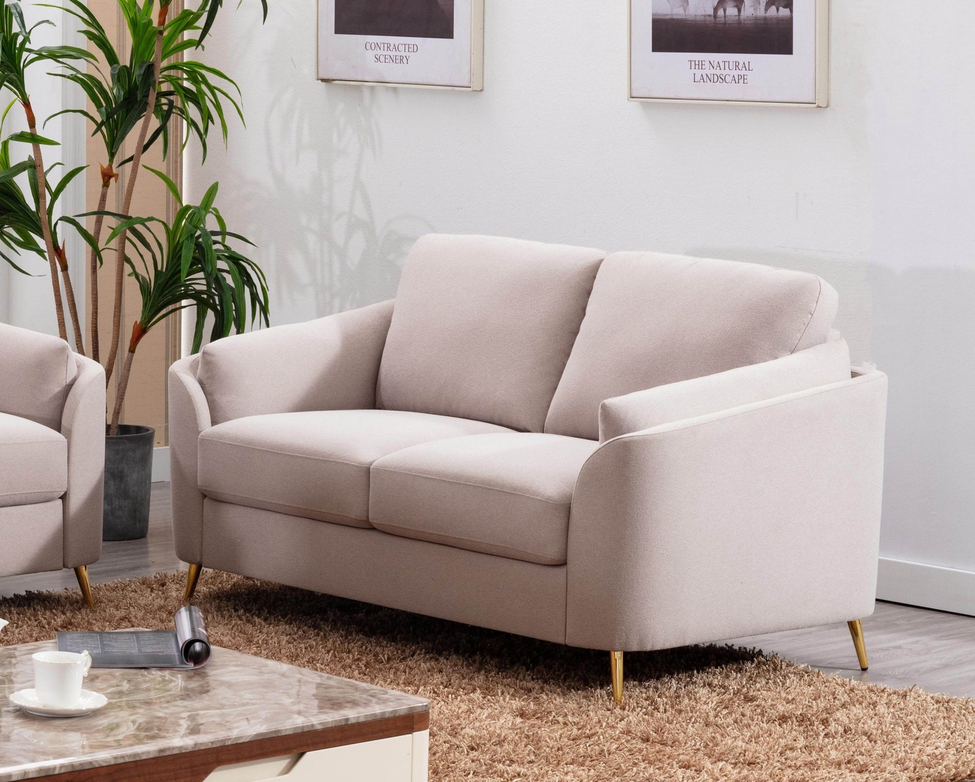 Contemporary 1Pc Loveseat Beige Color With Gold Metal Legs Plywood Pocket Springs And Foam Casual Living Room Furniture Beige Primary Living Space Mid Century Modern,Modern Plywood