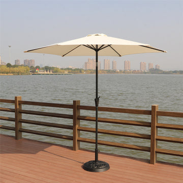 8.8 Feet Outdoor Aluminum Patio Umbrella, Patio Umbrella, Market Umbrella With 33 Pounds Round Resin Umbrella Base, Push Button Tilt And Crank Lift, Creme Cream Polyester Aluminum