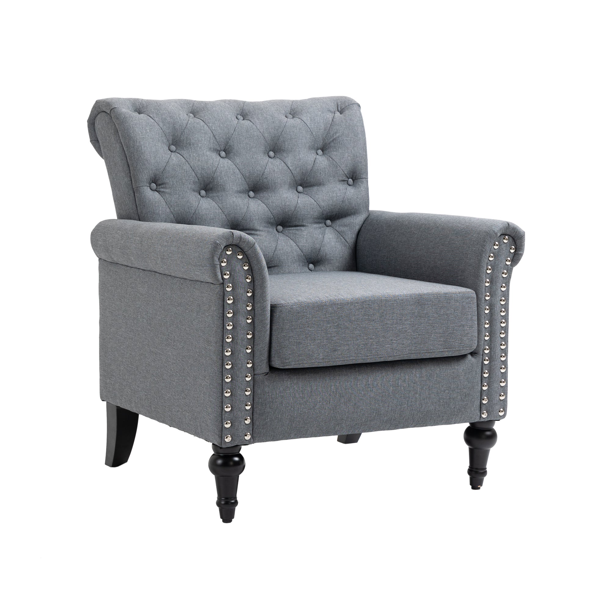 Mid Century Modern Accent Chair, Linen Armchair W Tufted Back Wood Legs, Upholstered Lounge Arm Chair Single Sofa For Living Room Bedroom, Gray Gray Foam Linen