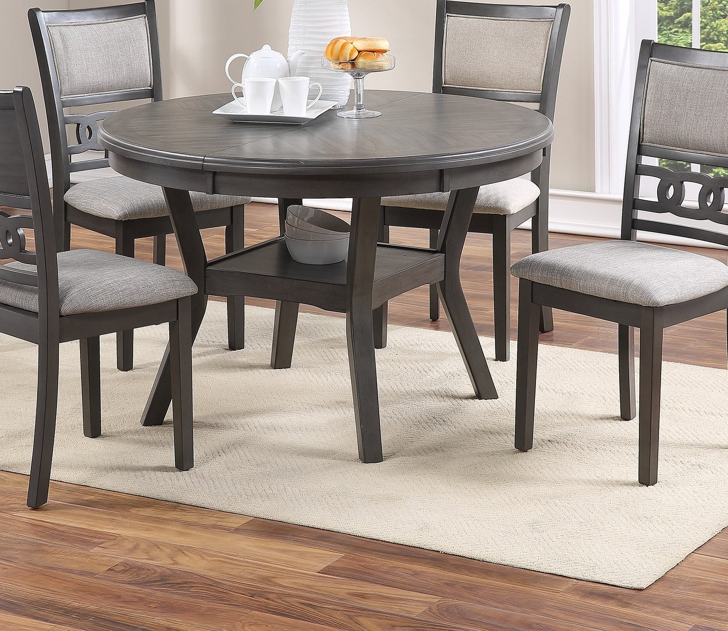 Contemporary Dining 5Pc Set Round Table W 4X Side Chairs Grey Finish Rubberwood Unique Design Wood Wood Gray Seats 4 Gray Wood Dining Room Contemporary,Modern,Transitional Rubberwood Round Dining Table With Chair Rubber Wood