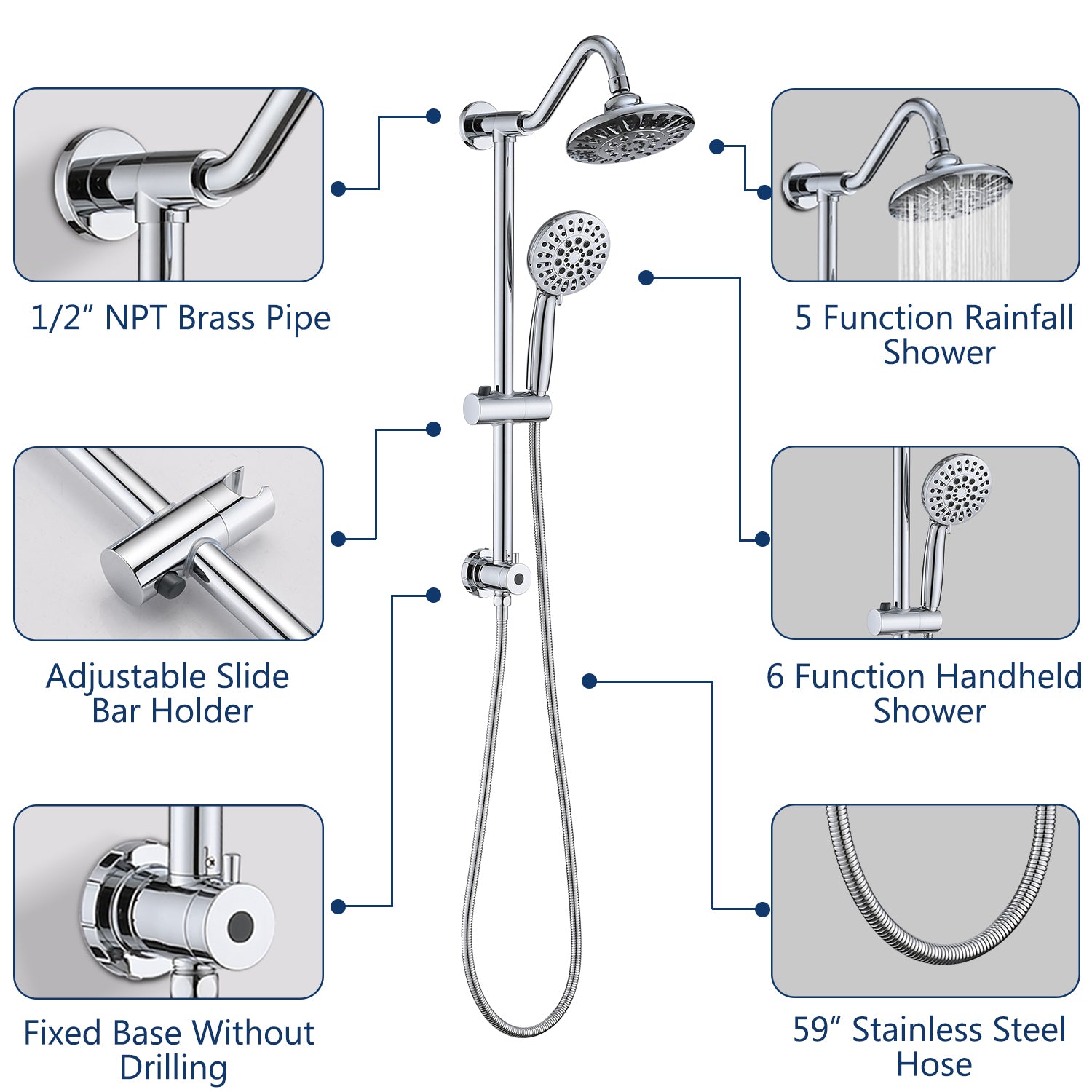 6 Inch Rain Shower Head With Handheld Shower Head Bathroom Rain Shower System Chrome Abs