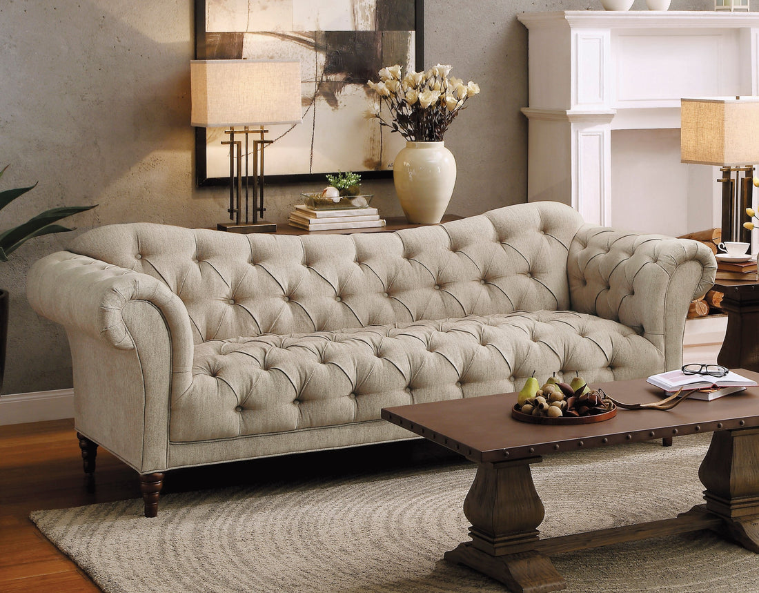 Traditional Style Button Tufted 1Pc Sofa Rolled Arms Brown Tone Fabric Upholstered Classic Look Furniture Brown Primary Living Space Luxury,Traditional,Ultra Modern Solid Wood