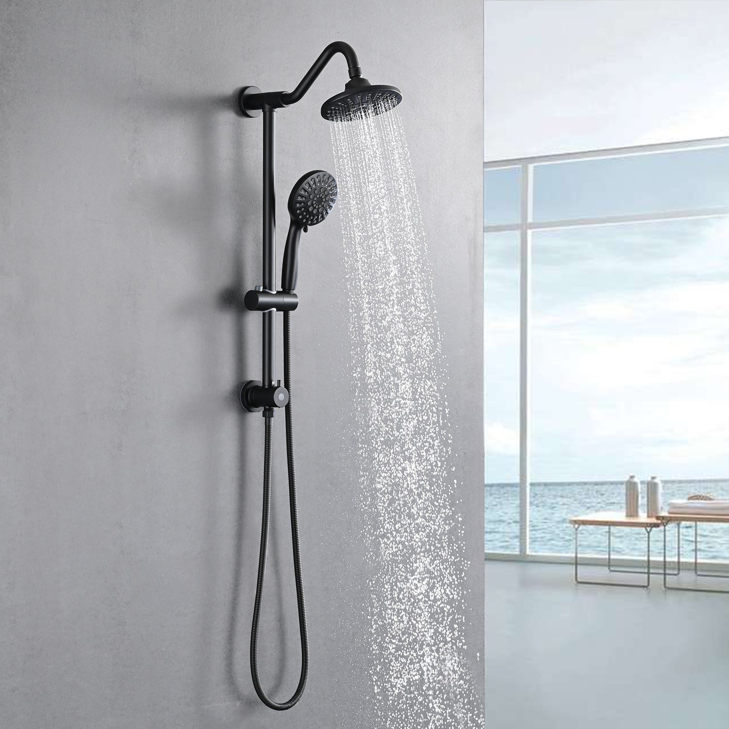 6 Inch Rain Shower Head With Handheld Shower Head Bathroom Rain Shower System Matte Black Abs