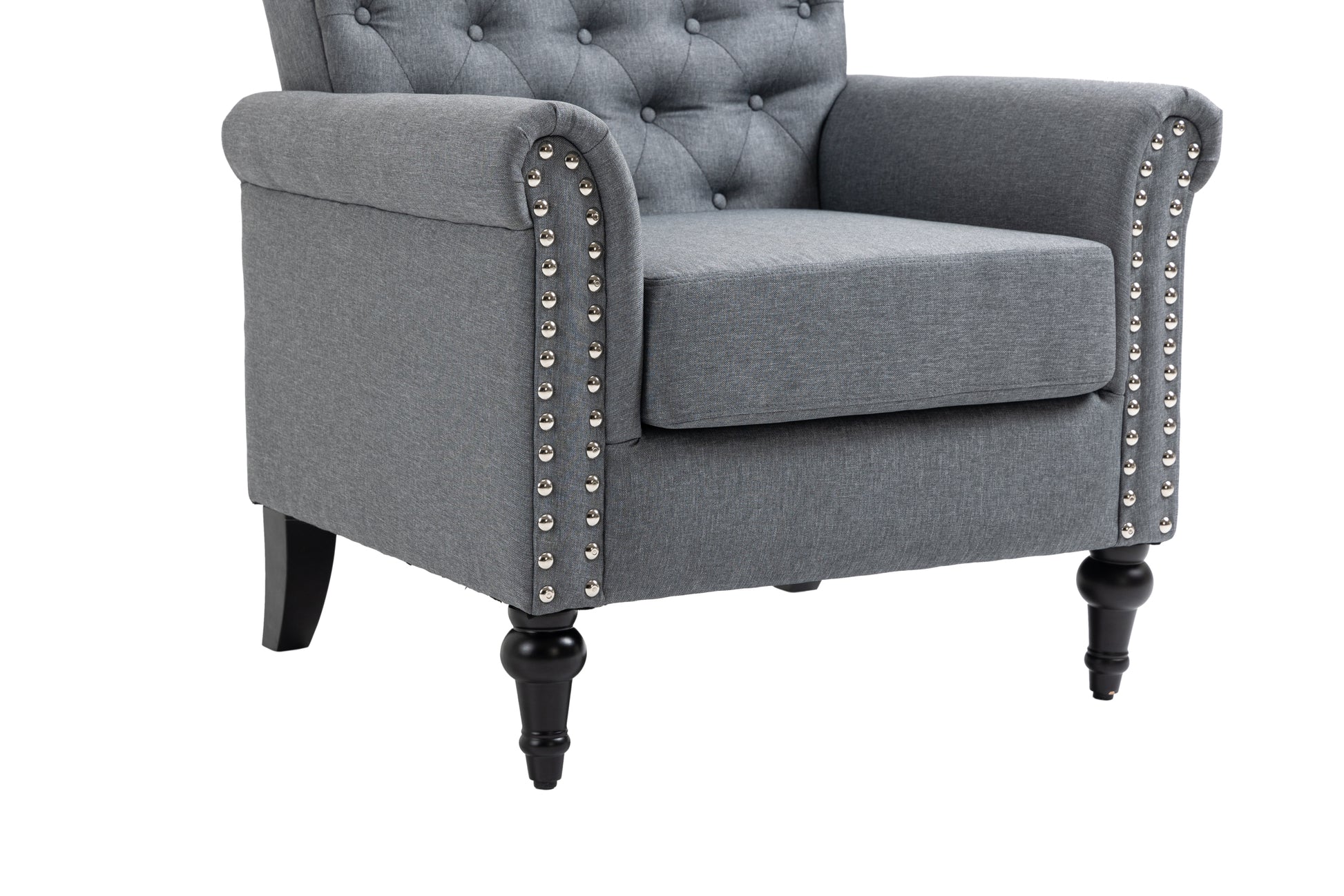 Mid Century Modern Accent Chair, Linen Armchair W Tufted Back Wood Legs, Upholstered Lounge Arm Chair Single Sofa For Living Room Bedroom, Gray Gray Foam Linen