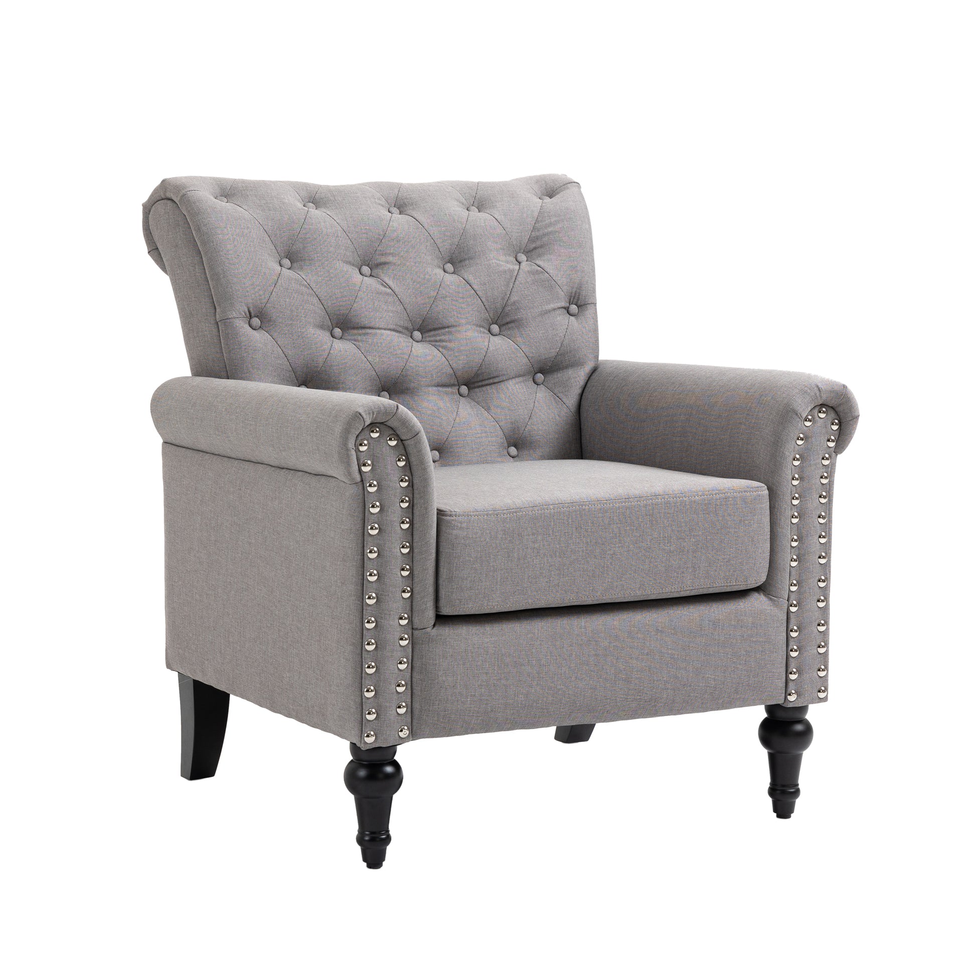 Mid Century Modern Accent Chair, Linen Armchair W Tufted Back Wood Legs, Upholstered Lounge Arm Chair Single Sofa For Living Room Bedroom, Light Grey Light Gray Foam Linen