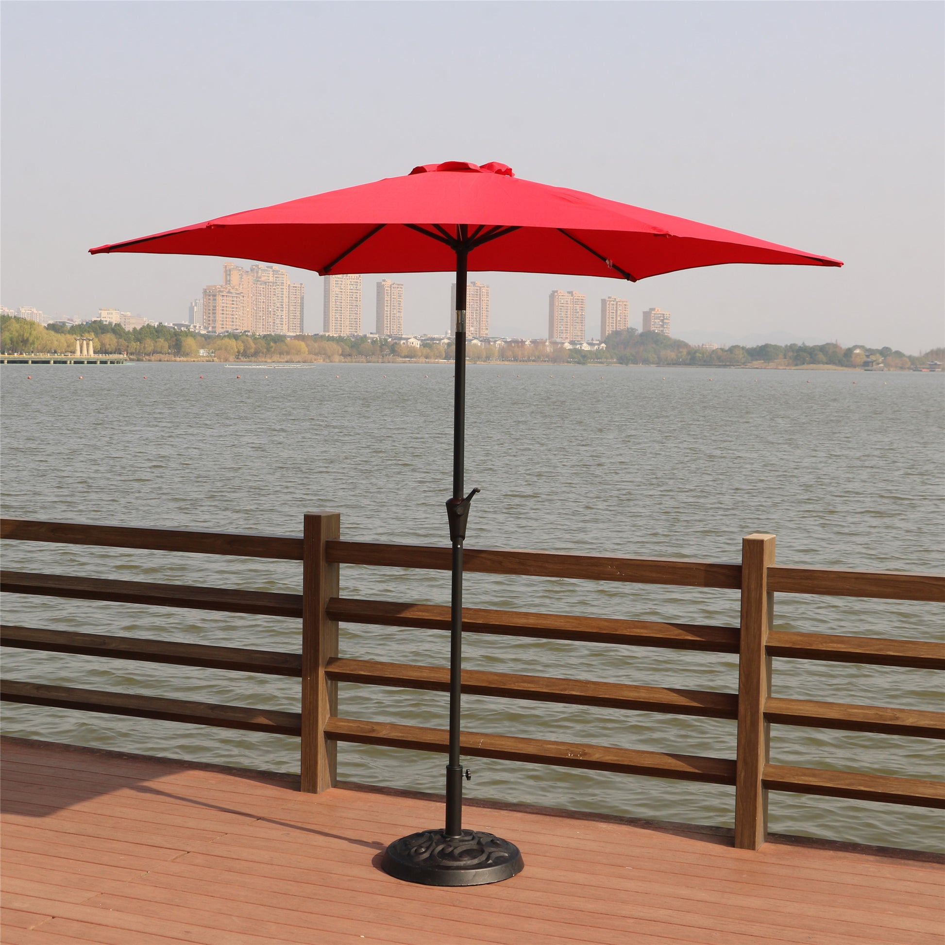 8.8 Feet Outdoor Aluminum Patio Umbrella, Patio Umbrella, Market Umbrella With 33 Pounds Round Resin Umbrella Base, Push Button Tilt And Crank Lift, Red Red Polyester Aluminum