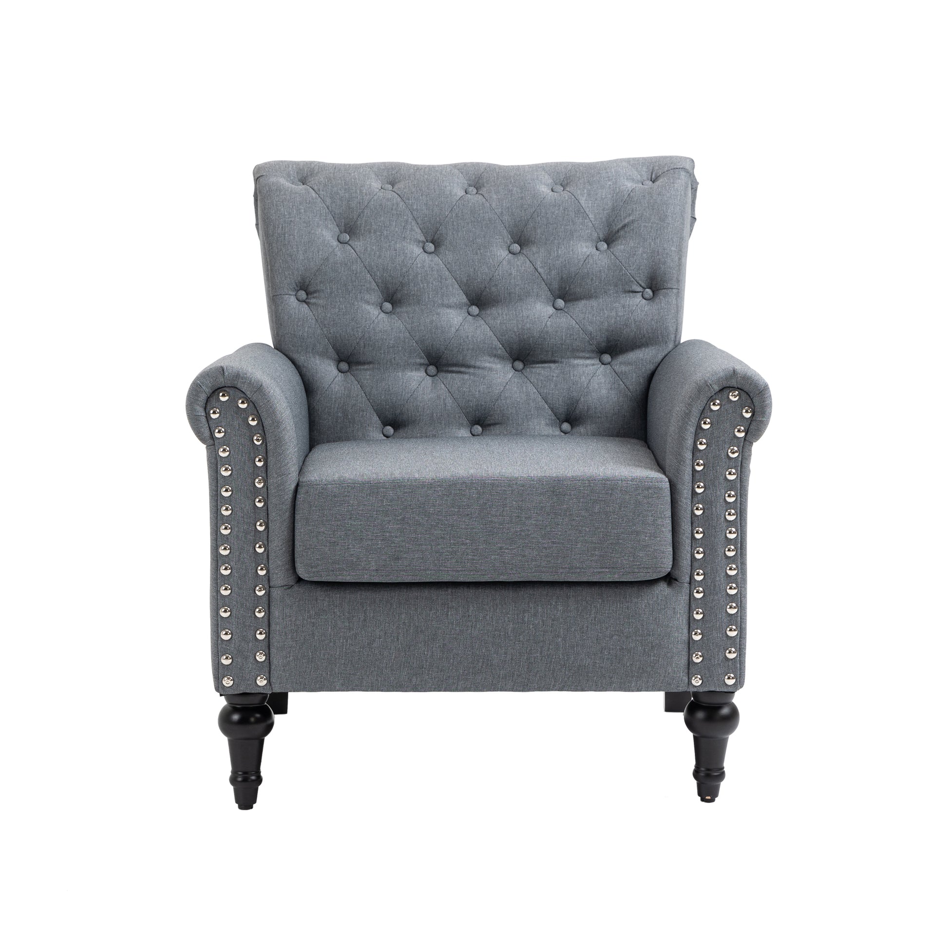 Mid Century Modern Accent Chair, Linen Armchair W Tufted Back Wood Legs, Upholstered Lounge Arm Chair Single Sofa For Living Room Bedroom, Gray Gray Foam Linen