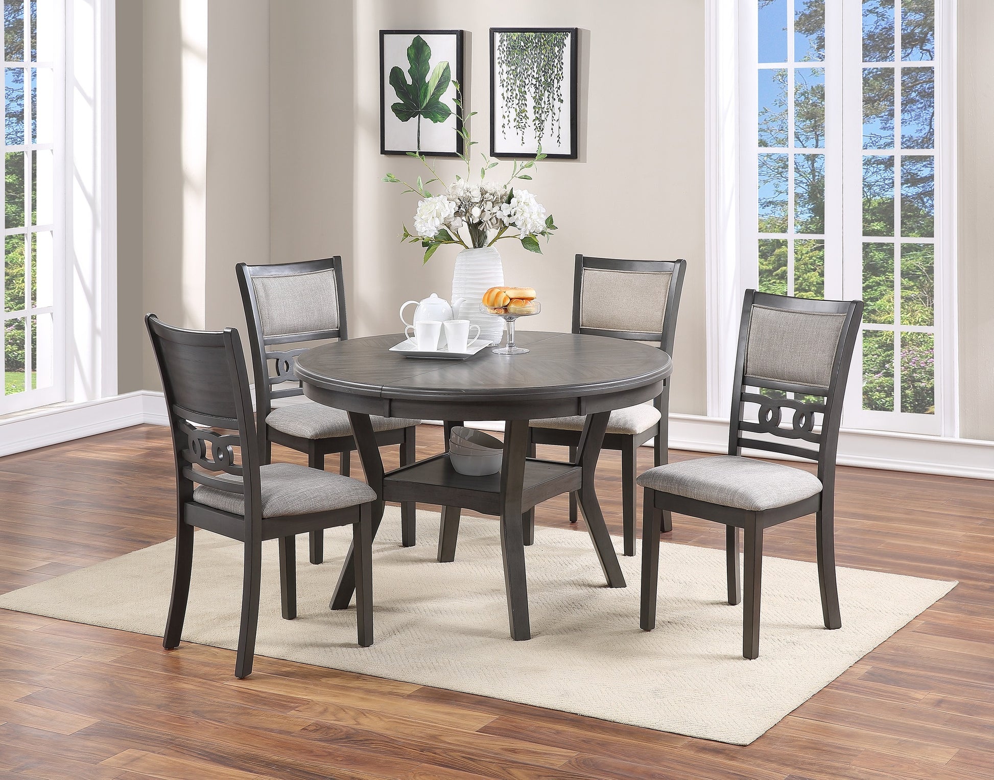 Contemporary Dining 5Pc Set Round Table W 4X Side Chairs Grey Finish Rubberwood Unique Design Wood Wood Gray Seats 4 Gray Wood Dining Room Contemporary,Modern,Transitional Rubberwood Round Dining Table With Chair Rubber Wood