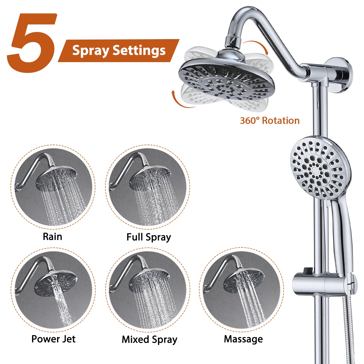 6 Inch Rain Shower Head With Handheld Shower Head Bathroom Rain Shower System Chrome Abs