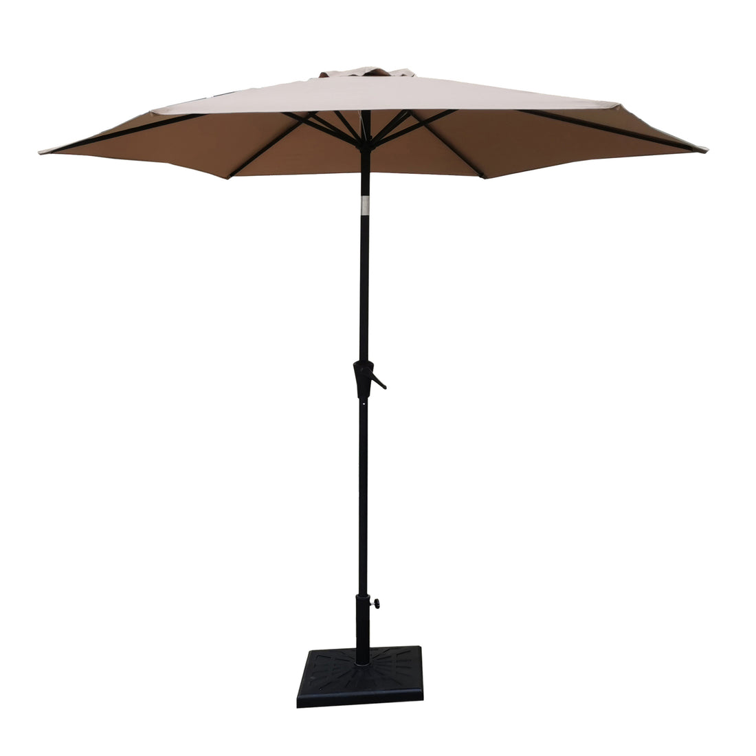 8.8 Feet Outdoor Aluminum Patio Umbrella, Patio Umbrella, Market Umbrella With 42 Pound Square Resin Umbrella Base, Push Button Tilt And Crank Lift, Taupe Taupe Polyester Aluminum