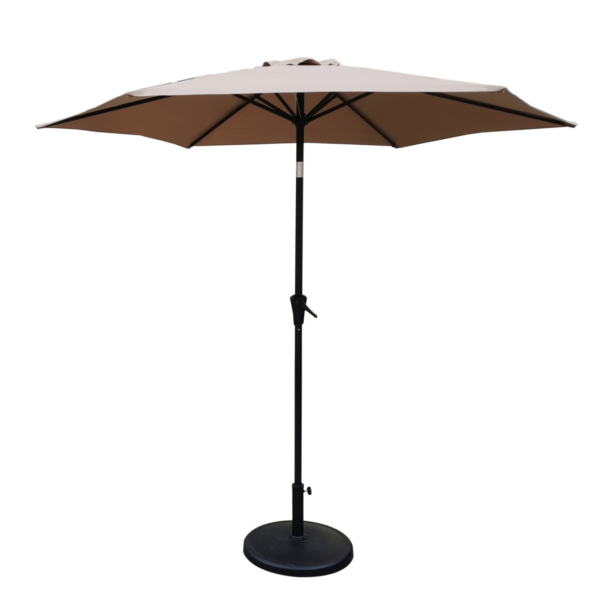 8.8 Feet Outdoor Aluminum Patio Umbrella, Patio Umbrella, Market Umbrella With 42 Pounds Round Resin Umbrella Base, Push Button Tilt And Crank Lift, Taupe Taupe Polyester Aluminum