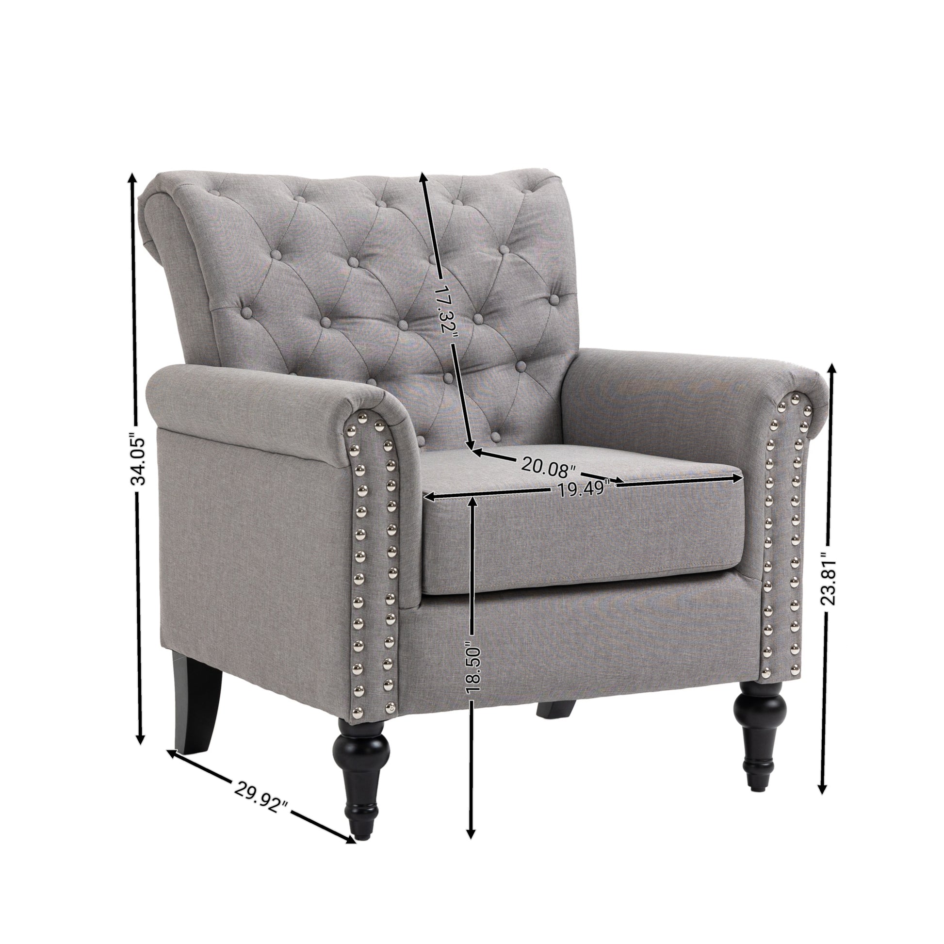 Mid Century Modern Accent Chair, Linen Armchair W Tufted Back Wood Legs, Upholstered Lounge Arm Chair Single Sofa For Living Room Bedroom, Light Grey Light Gray Foam Linen
