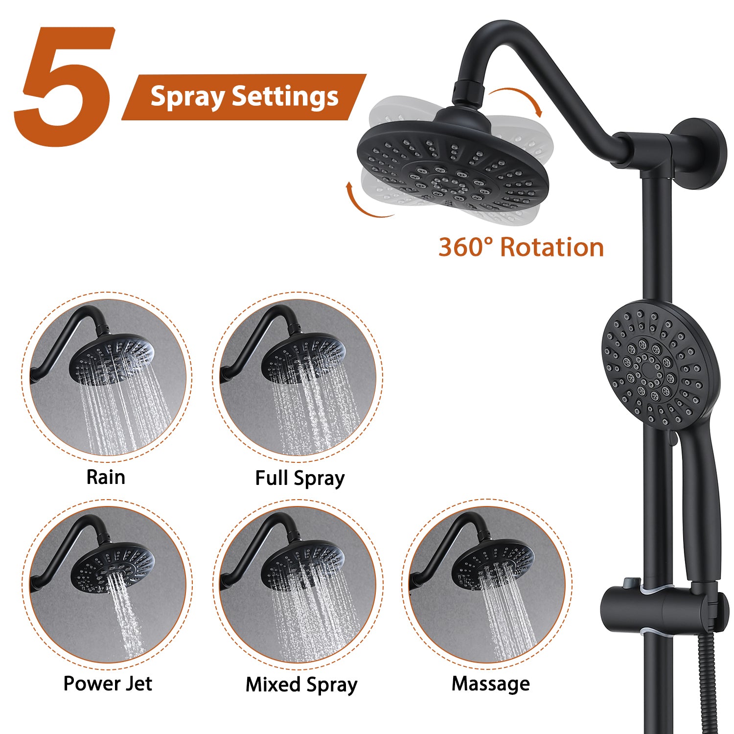 6 Inch Rain Shower Head With Handheld Shower Head Bathroom Rain Shower System Matte Black Abs