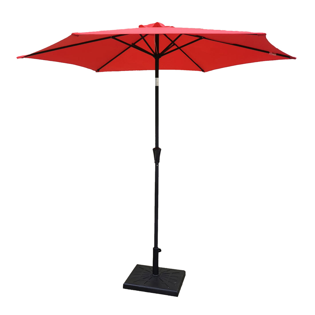 8.8 Feet Outdoor Aluminum Patio Umbrella, Patio Umbrella, Market Umbrella With 42 Pound Square Resin Umbrella Base, Push Button Tilt And Crank Lift, Red Red Polyester Aluminum