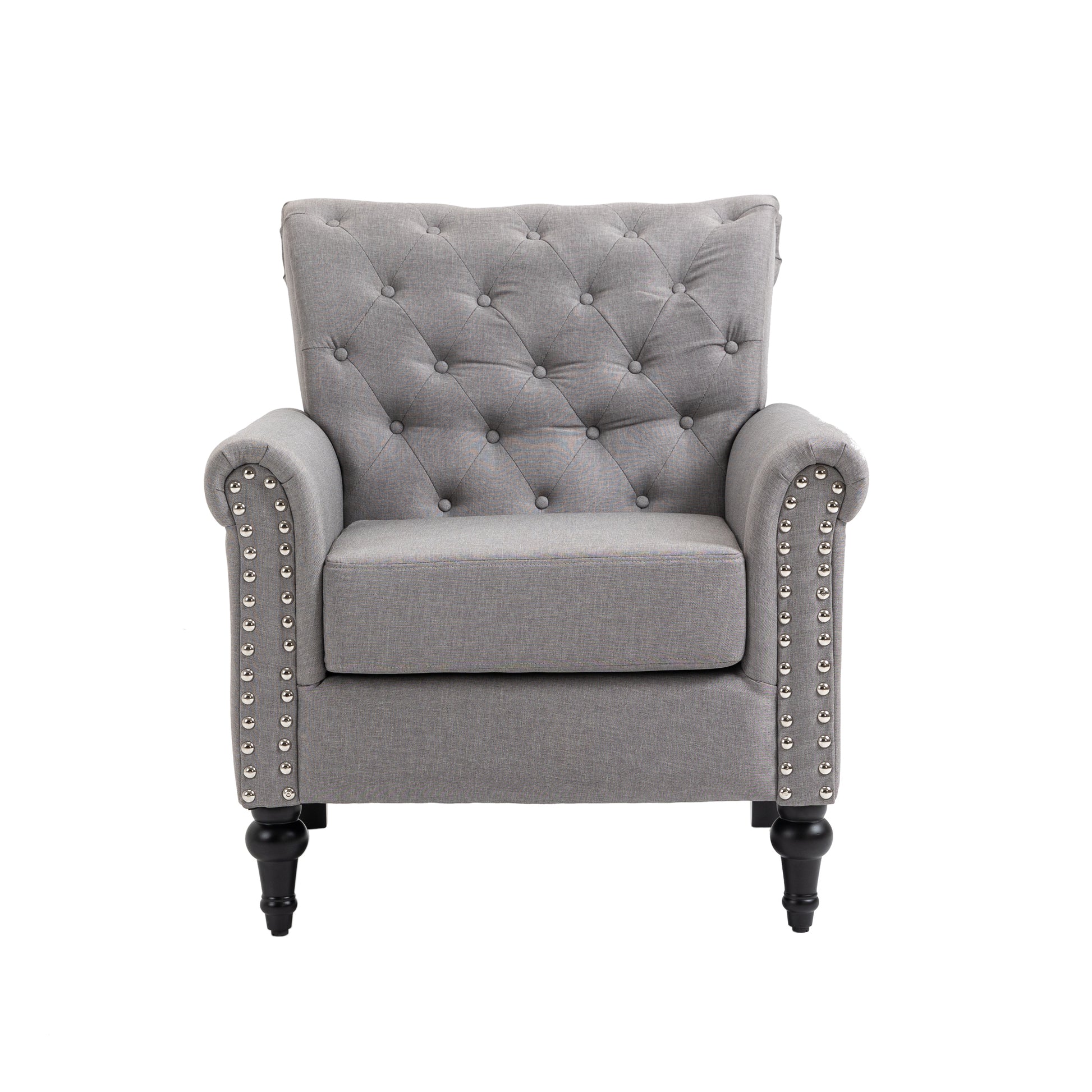 Mid Century Modern Accent Chair, Linen Armchair W Tufted Back Wood Legs, Upholstered Lounge Arm Chair Single Sofa For Living Room Bedroom, Light Grey Light Gray Foam Linen