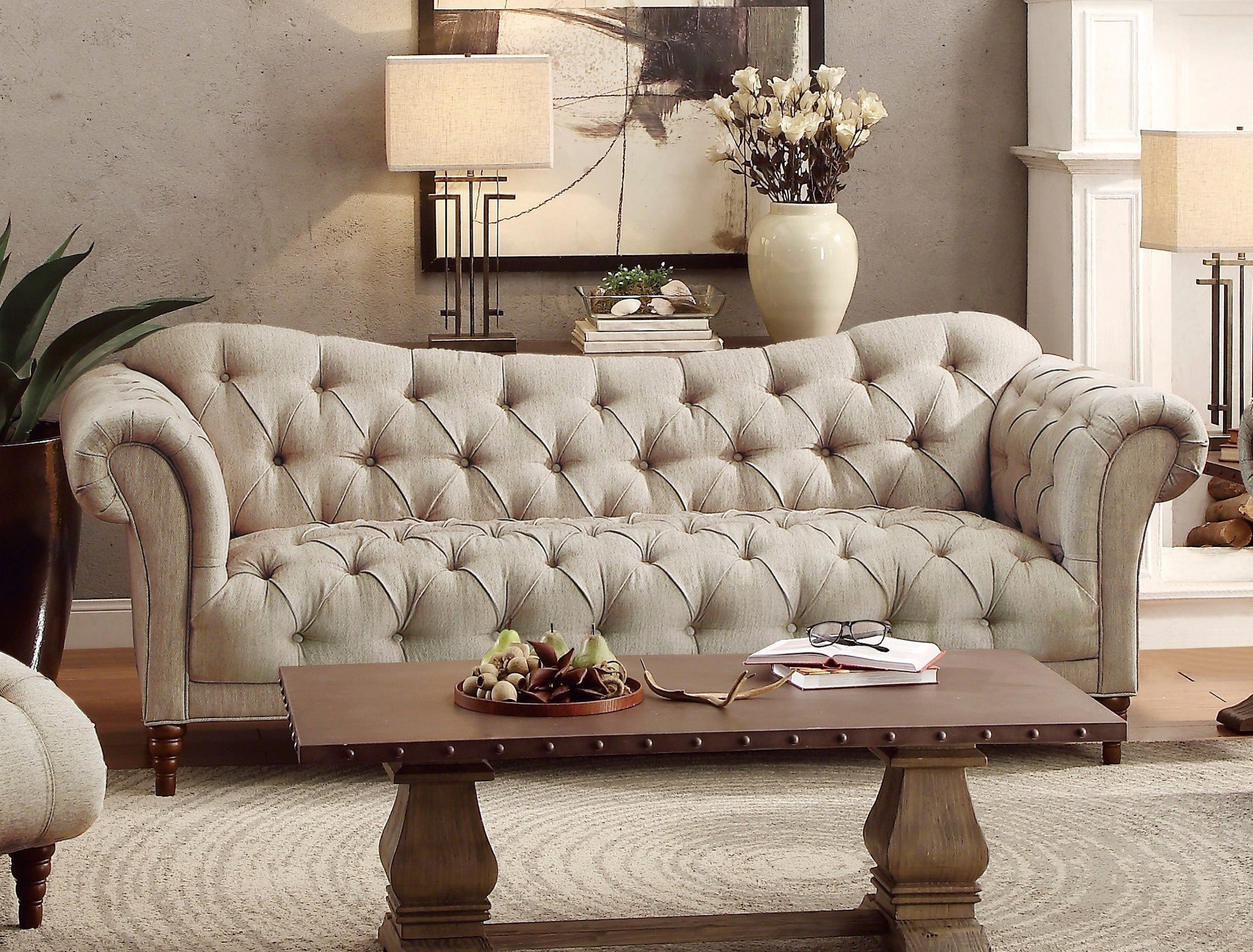 Traditional Style Button Tufted 1Pc Sofa Rolled Arms Brown Tone Fabric Upholstered Classic Look Furniture Brown Primary Living Space Luxury,Traditional,Ultra Modern Solid Wood