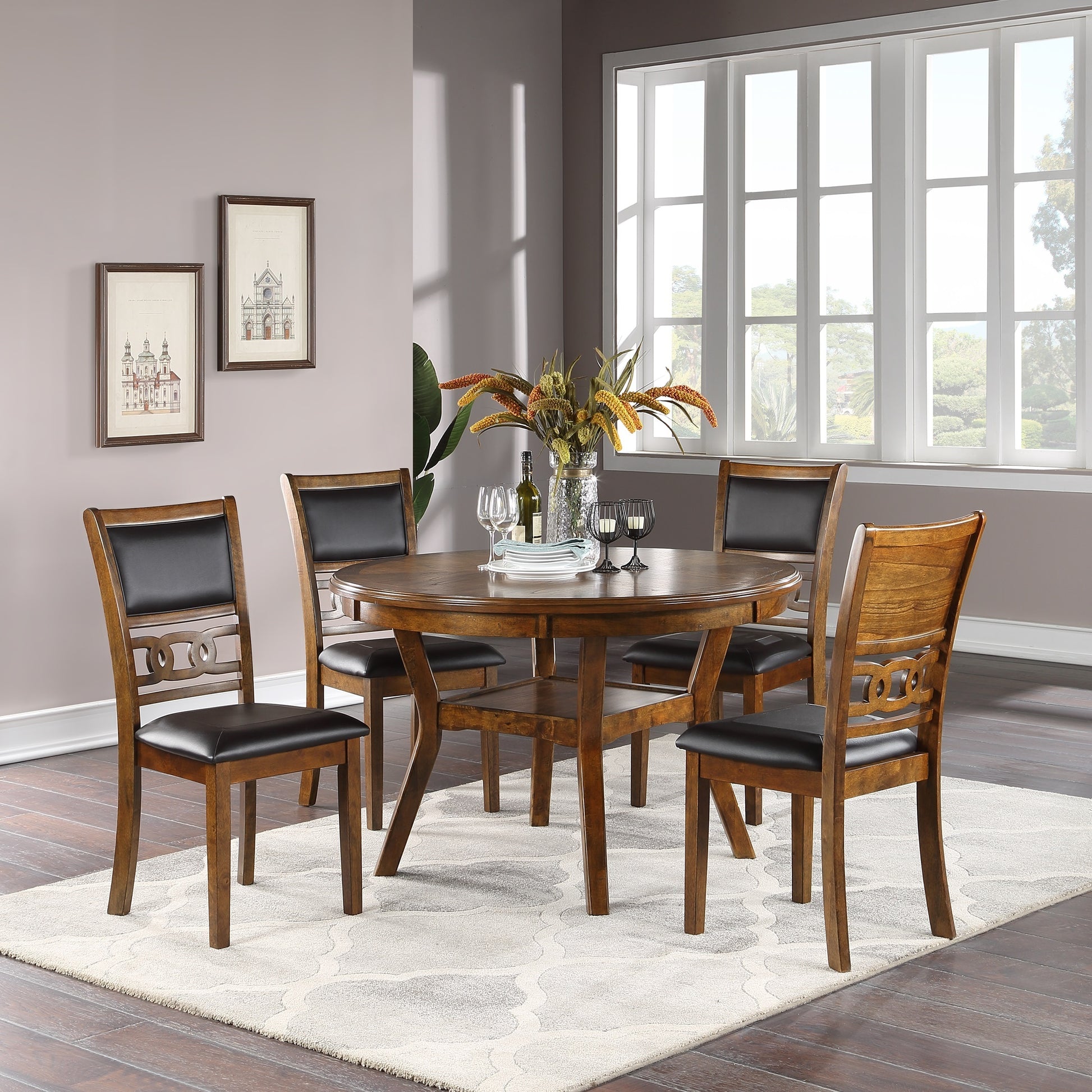 Contemporary Dining 5Pc Set Round Table W 4X Side Chairs Walnut Finish Rubberwood Unique Design Wood Wood Walnut Seats 4 Wood Dining Room Contemporary,Modern,Transitional Rubberwood Round Dining Table With Chair Rubber Wood