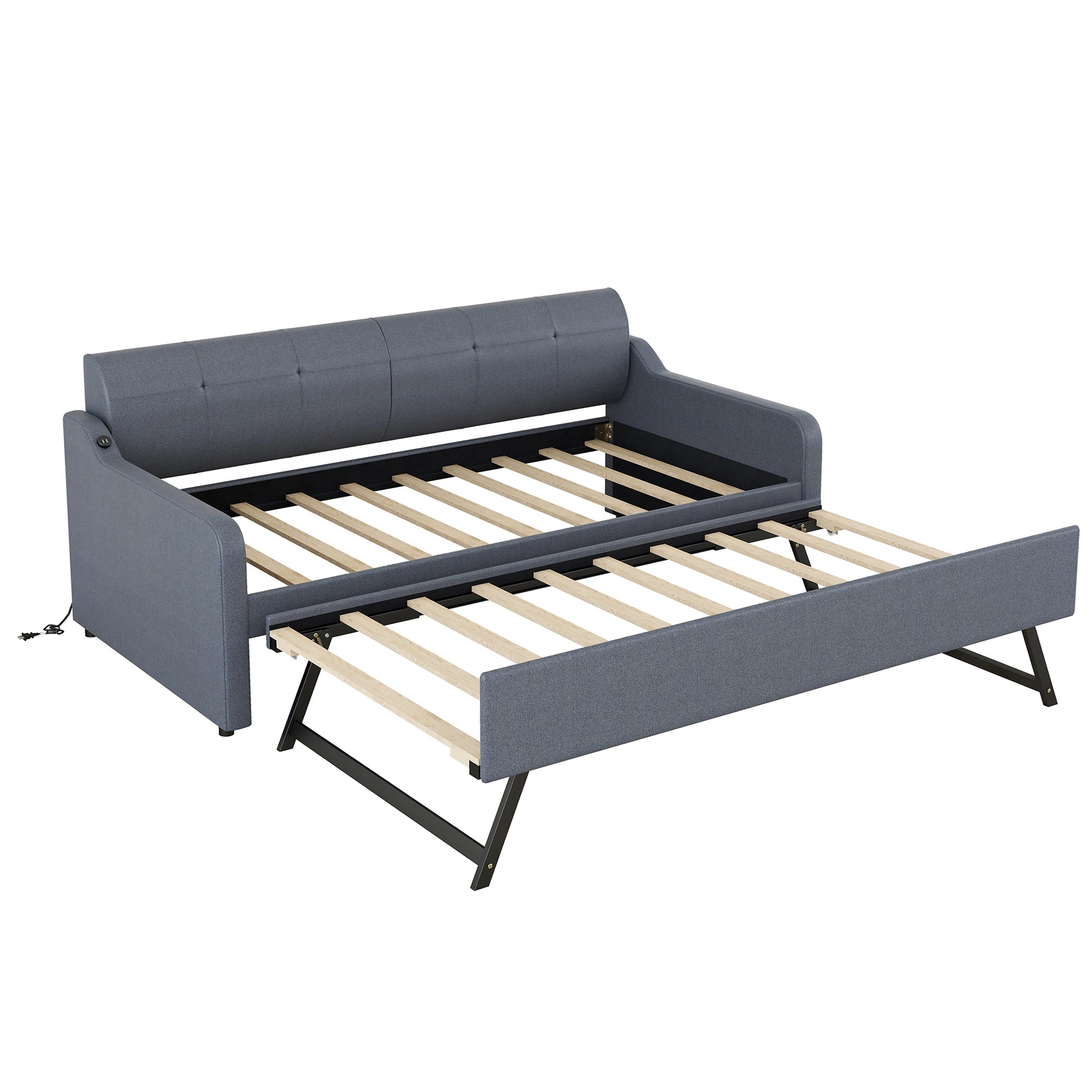 Twin Size Upholstery Daybed With Trundle And Usb Charging Design,Trundle Can Be Flat Or Erected,Gray Gray Upholstered