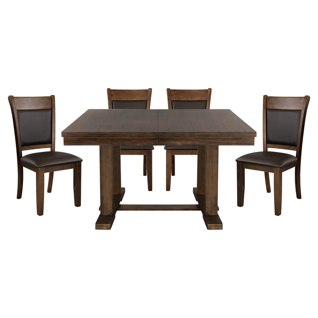 Transitional 5Pc Dining Set Table With Self Storing Leaf And Faux Leather Upholstered 4X Side Chairs Light Rustic Brown Finish Dining Room Furniture Wood Wood Brown Mix Seats 4 Wood Dining Room Extendable Transitional Trestle Rectangular Dining Table