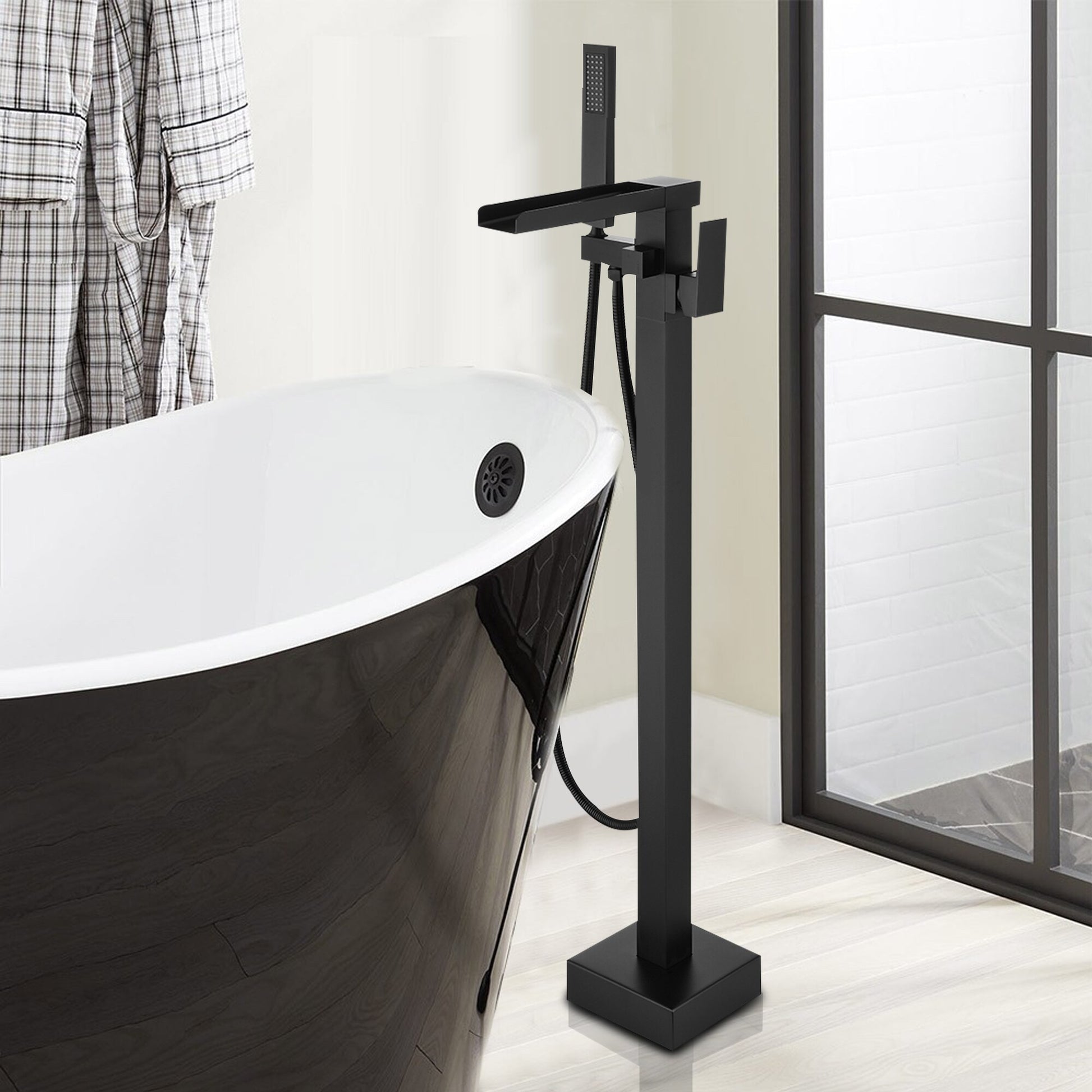 Single Handle Freestanding Bathtub Wall Mounted Faucet With Hand Shower Bathtub Faucetmatte Black Matte Black Brass