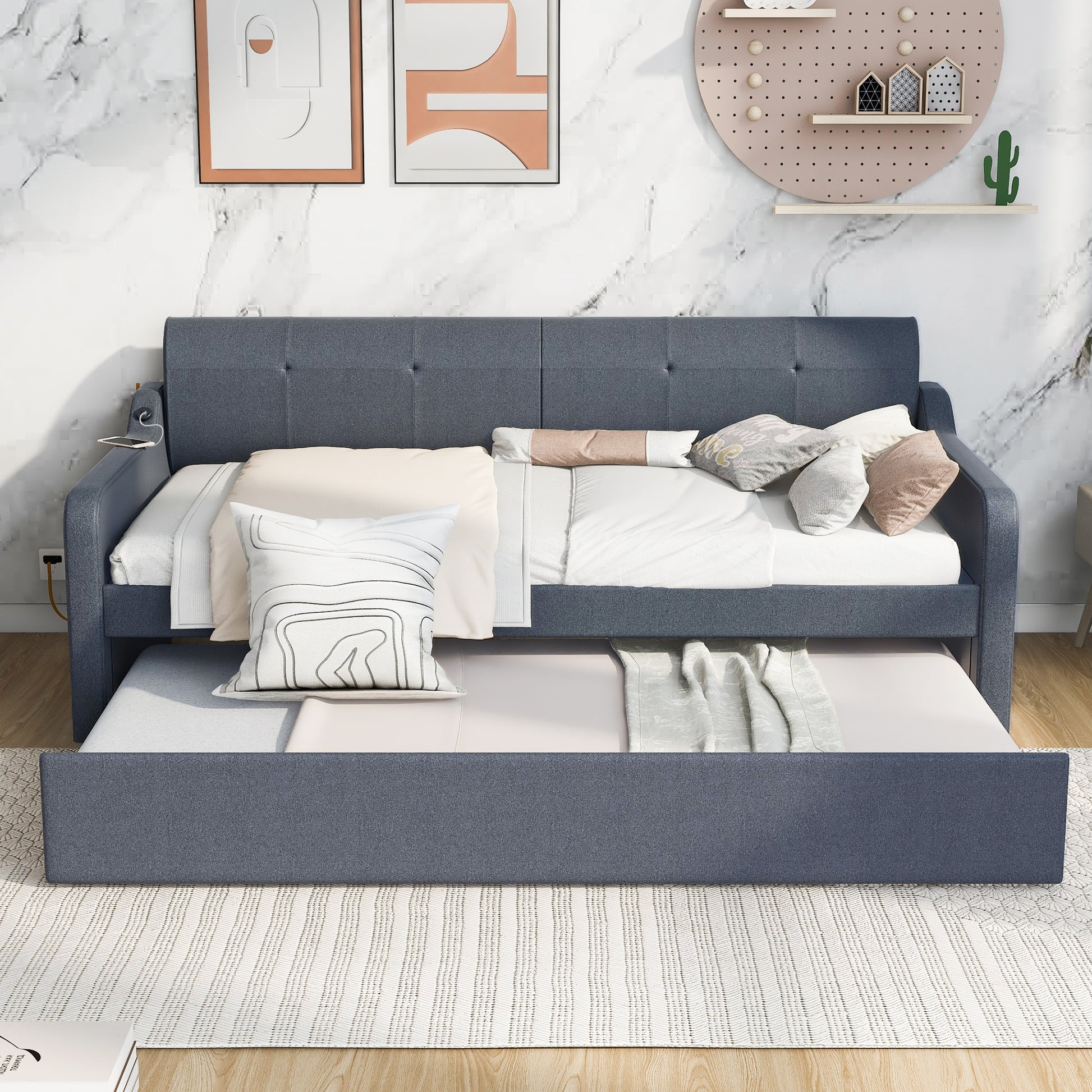 Twin Size Upholstery Daybed With Trundle And Usb Charging Design,Trundle Can Be Flat Or Erected,Gray Gray Upholstered