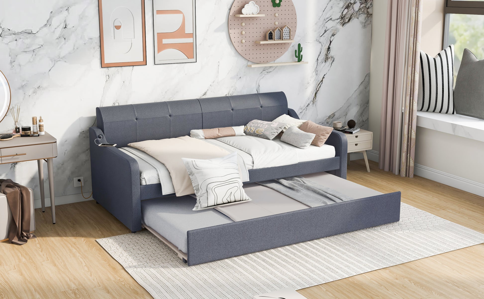 Twin Size Upholstery Daybed With Trundle And Usb Charging Design,Trundle Can Be Flat Or Erected,Gray Gray Upholstered