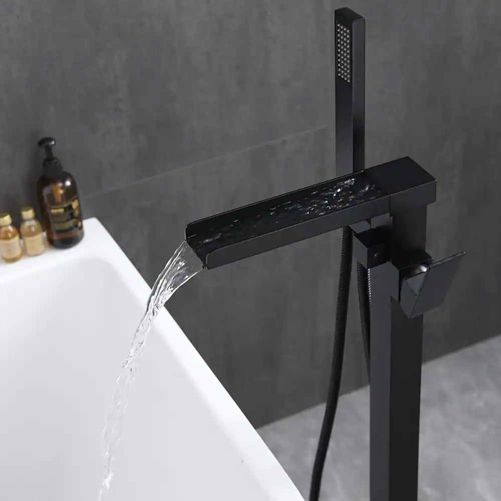 Single Handle Freestanding Bathtub Wall Mounted Faucet With Hand Shower Bathtub Faucetmatte Black Matte Black Brass