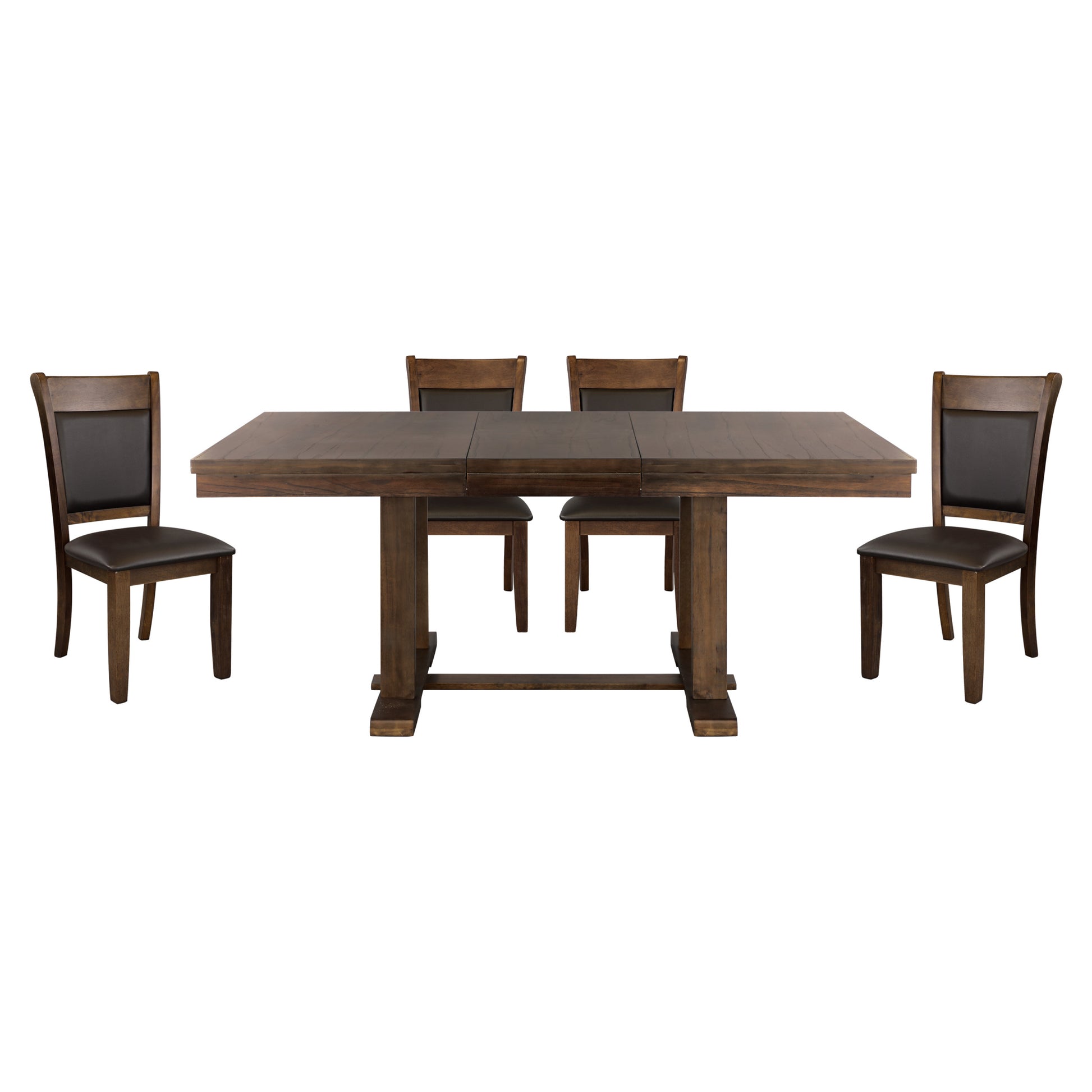 Transitional 5Pc Dining Set Table With Self Storing Leaf And Faux Leather Upholstered 4X Side Chairs Light Rustic Brown Finish Dining Room Furniture Wood Wood Brown Mix Seats 4 Wood Dining Room Extendable Transitional Trestle Rectangular Dining Table