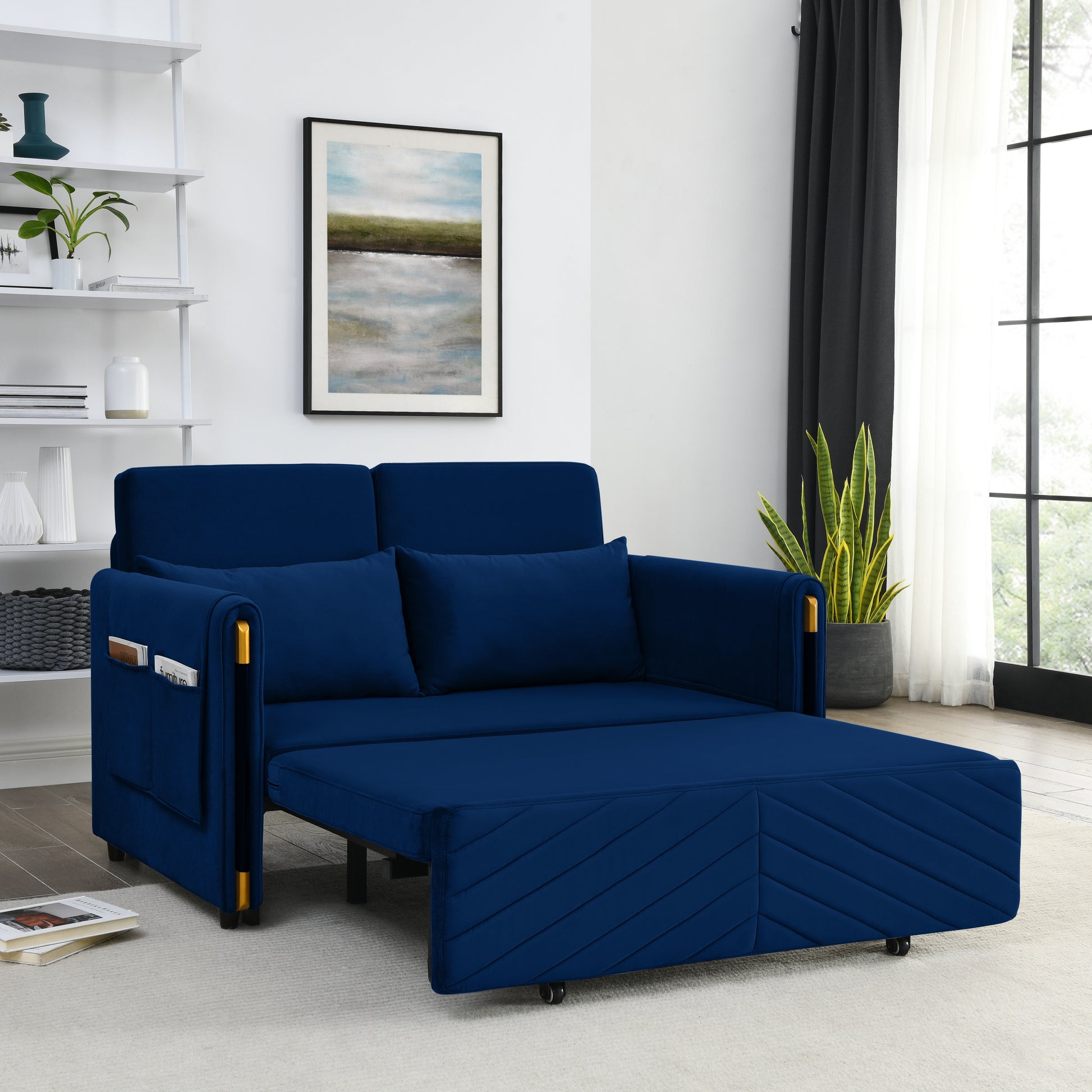 Mh 54" Modern Convertible Sofa Bed With 2 Detachable Arm Pockets, Velvet Loveseat Multi Position Adjustable Sofa With Pull Out Bed With Bedhead, 2 Pillows And Living Room, Blue Blue Polyester Velvet