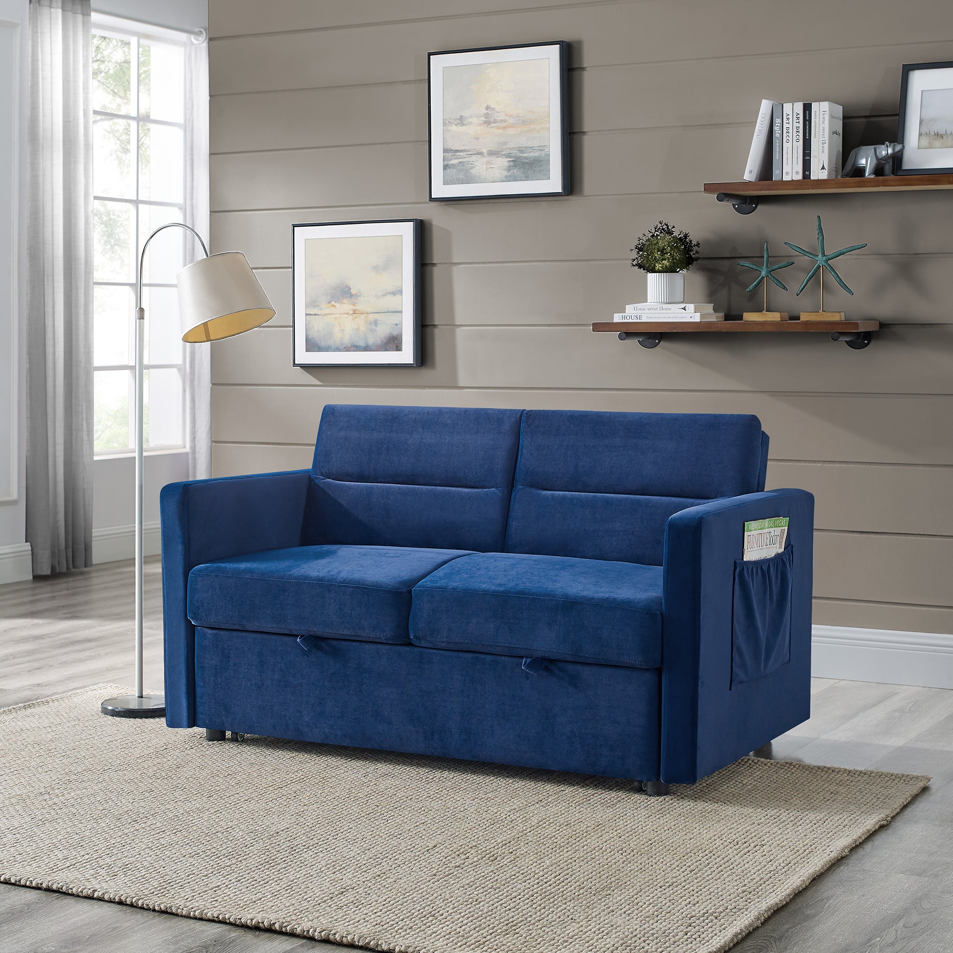 Loveseats Sofa Bed With Pull Out Bed,Adjsutable Back And Two Arm Pocket,Blue 54.5"X33"X31.5" Blue Velvet