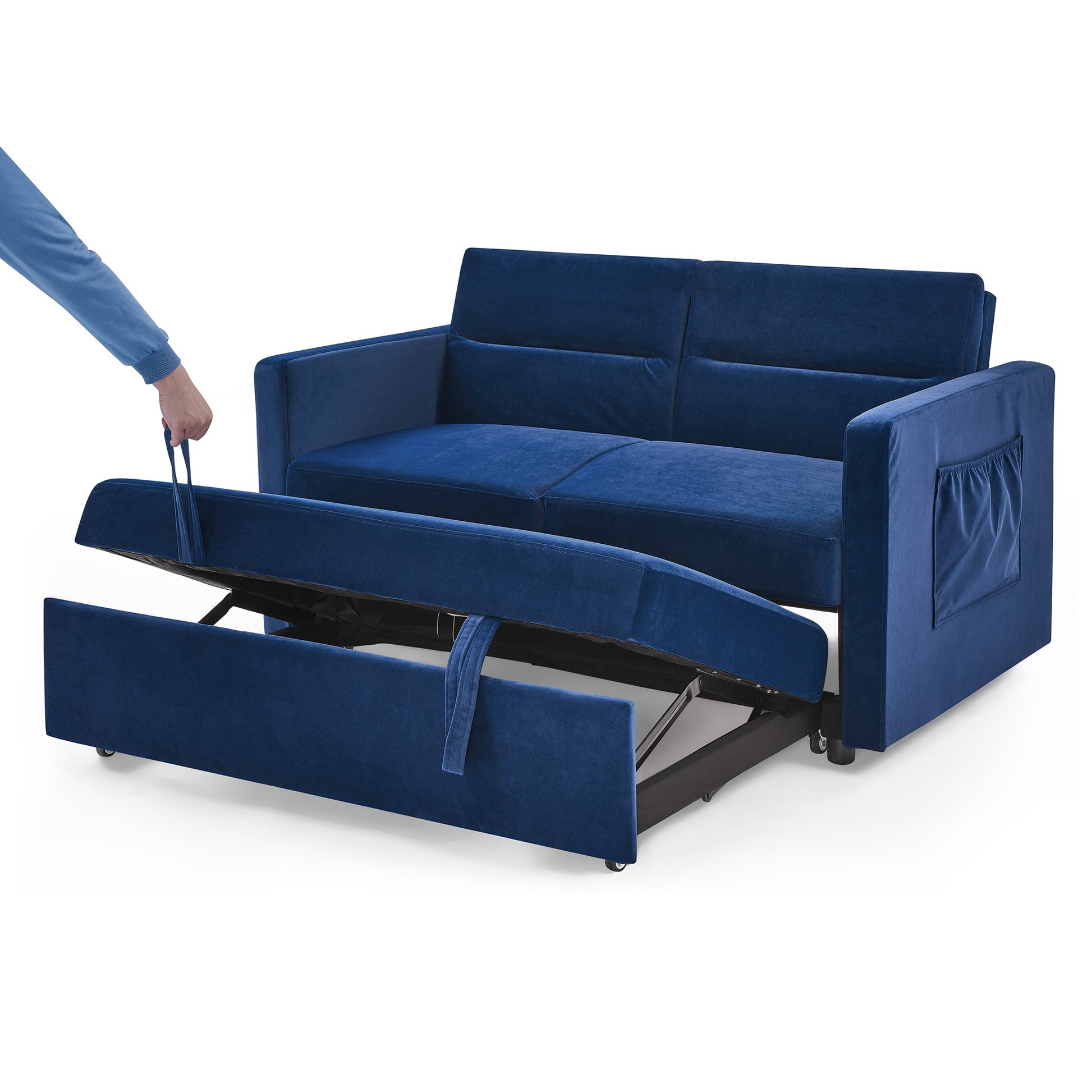 Loveseats Sofa Bed With Pull Out Bed,Adjsutable Back And Two Arm Pocket,Blue 54.5"X33"X31.5" Blue Velvet