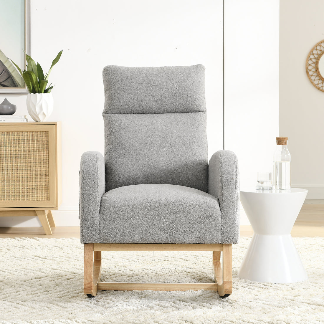 Video Welike 27.6"W Modern Accent High Backrest Living Room Lounge Arm Rocking Chair, Two Side Pocket W83453336 Grey Teddy Foam Fabric