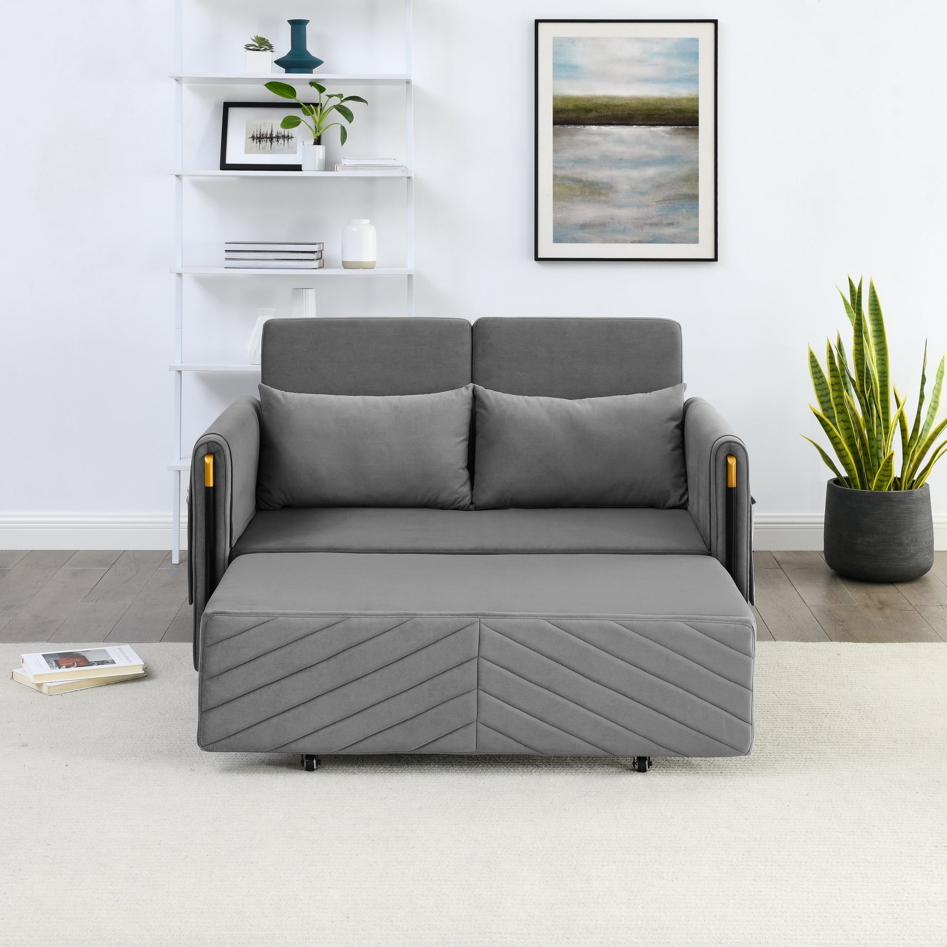 Mh 54" Modern Convertible Sofa Bed With 2 Detachable Arm Pockets, Velvet Loveseat Multi Position Adjustable Sofa With Pull Out Bed With Bedhead, 2 Pillows And Living Room, Grey Grey Polyester Velvet